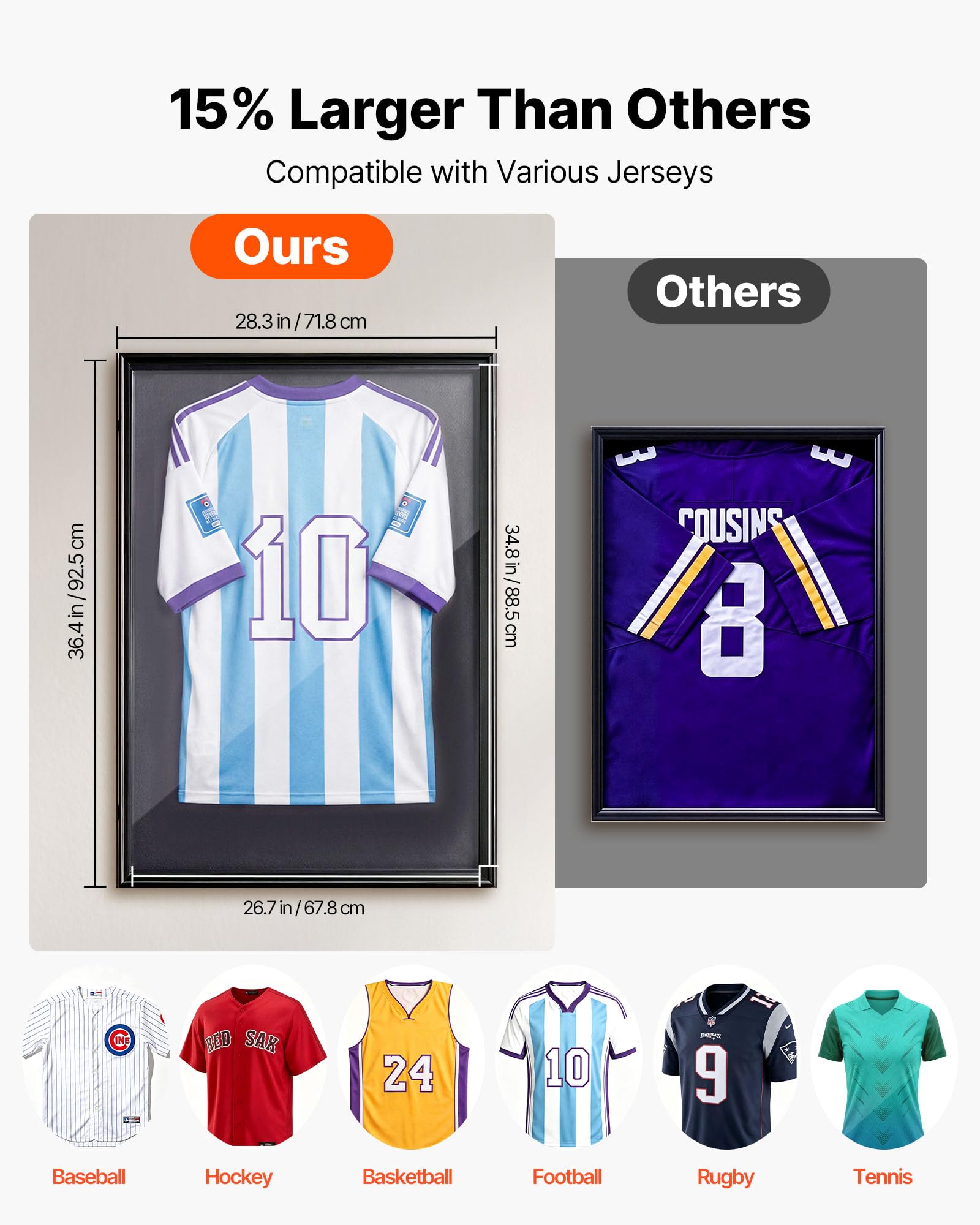 VEVOR Marco de Camisetas de Madera 71,8 x 92,5 x 4 cm, Vitrina para Camisetas Deportivas con Panel de Policarbonato con Protección UV, Expositor para Uniformes de Baloncesto, Fútbol, Béisbol, Negro
