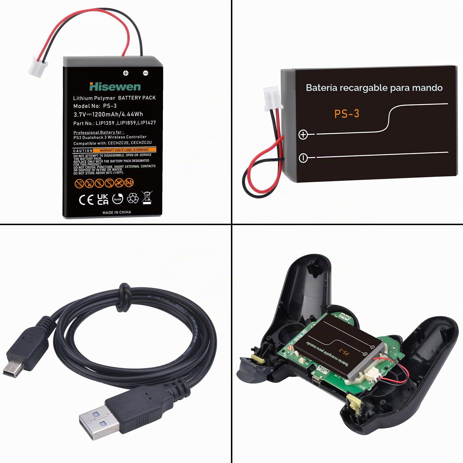 Batería Mando PS3, Hisewen 2Pack LIP1359/LIP1472/LIP1859 Batería de Repuesto para Sony PlayStation 3 Dualshock 3 CECHZC2E CECHZC2U SIXAXIS CECHZC1E CECHZC1H CECHZC1J CECHZC1U Controller
