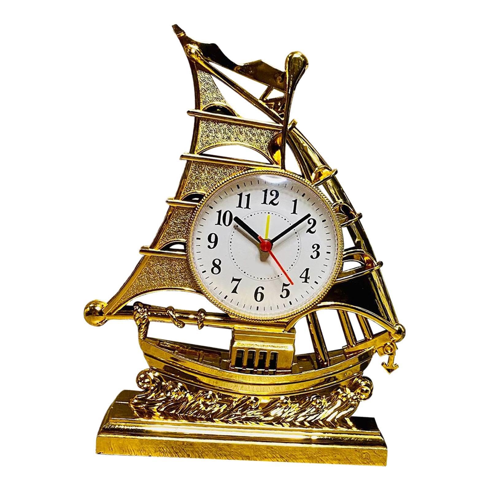 ALCXAZS Sailboat Alarm Clock Retro Vintage Style Excellent Decorative Clock For Living Room Bedroom Enhancing Ambiance Desk Clocks Analog For Bedrooms Office, Golden, 17.5x5.5x21.5cm