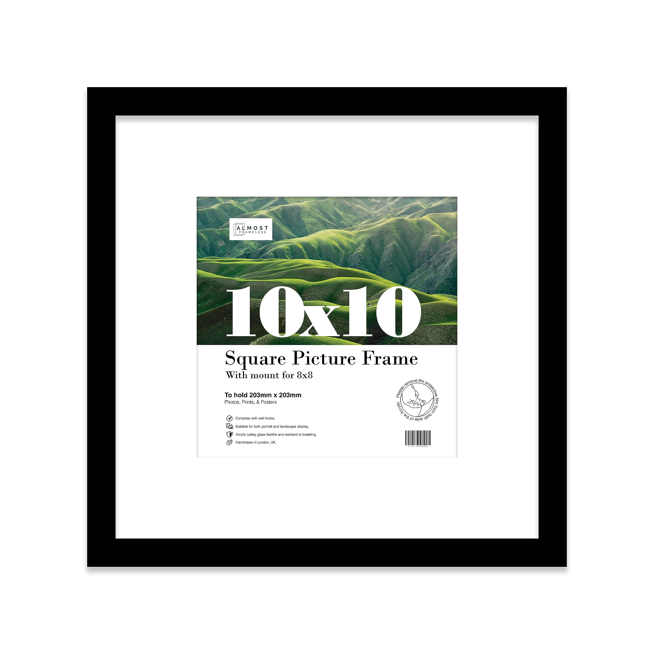 10x10 Black Picture Frame with Mount for 8x8 Photos, Prints - Modern Square Wall Frame, 1 Pack