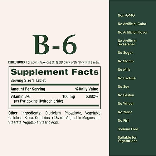 Miniatura 5 de Natures Bounty Vitamina B6 apoya el metabolismo energético y la salud del sistema nervioso 100 mg tabletas 100 unidades