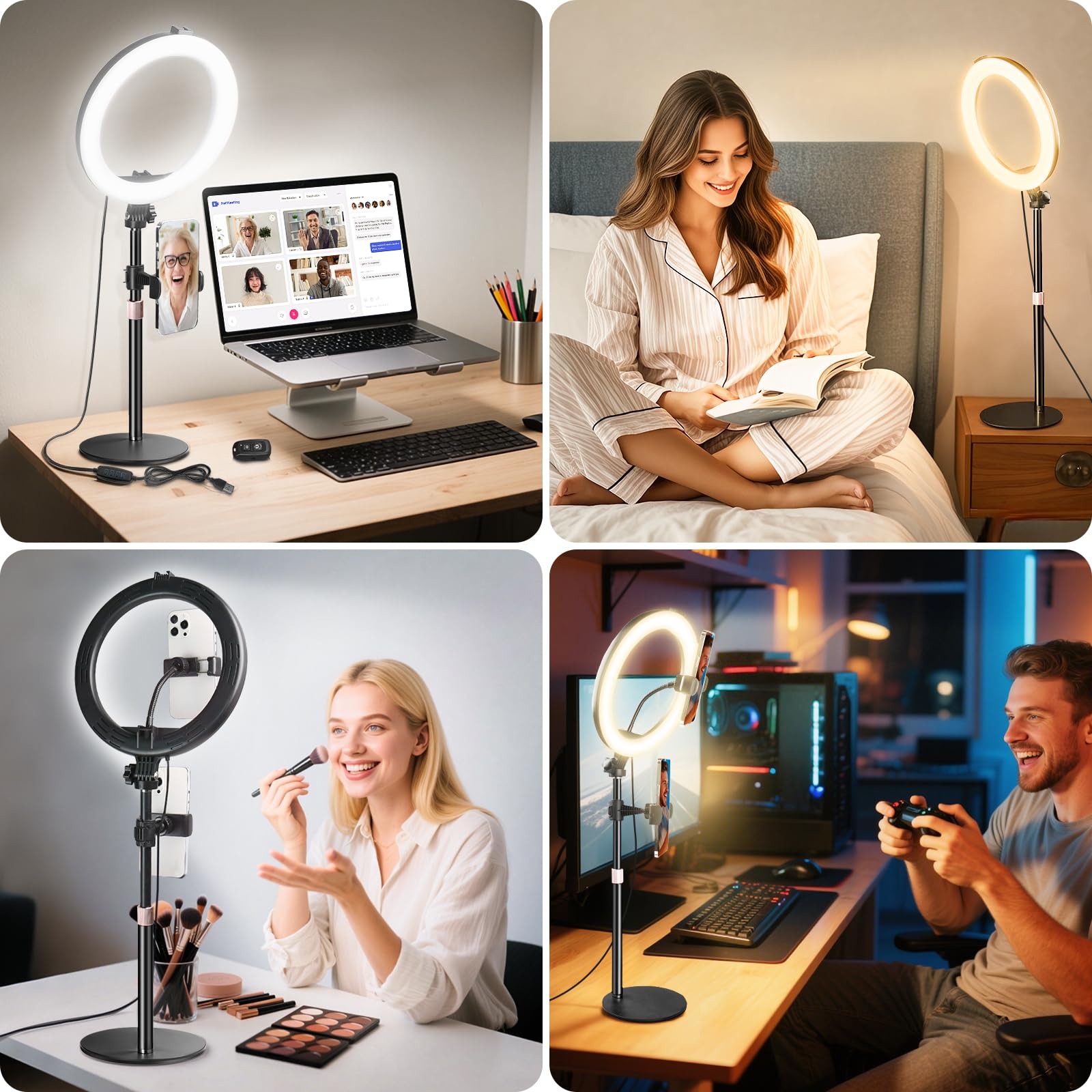 MACTREM Luce ad anello da scrivania da 25,4 cm con supporto, luce LED circolare da tavolo con supporto per telefono, per riunioni con zoom del computer, luce per videochiamate per conferenze