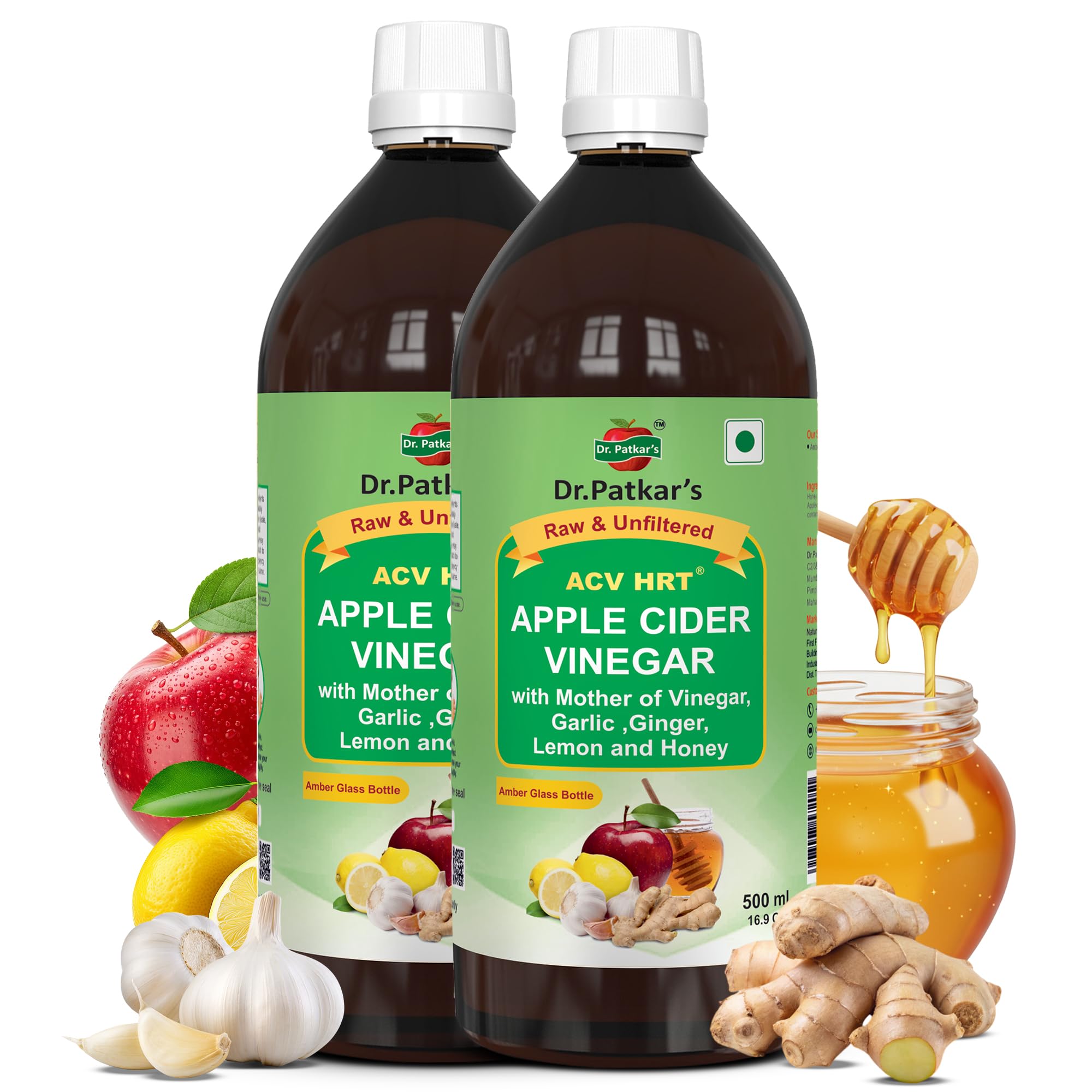 Dr. Patkar's - Apple Cider Vinegar with Ginger, Garlic, Lemon, & Honey (2x500ml) | Raw & Unfiltered | For Weight, Immunity & Digestion Management | Apple Cider Vinegar for Skin, Hair, and Body Health