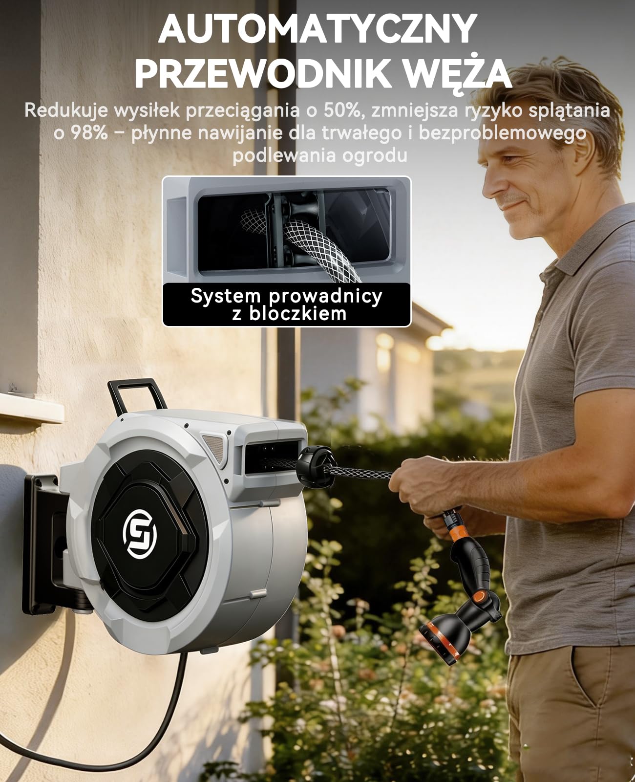 SUNPOW bęben na wąż ogrodowy 30 m 16 mm – automatyczny zwijacz z blokadą, uchwyt ścienny obracany 180°, dysza 10 funkcji do ogrodu, tarasu i podwórka