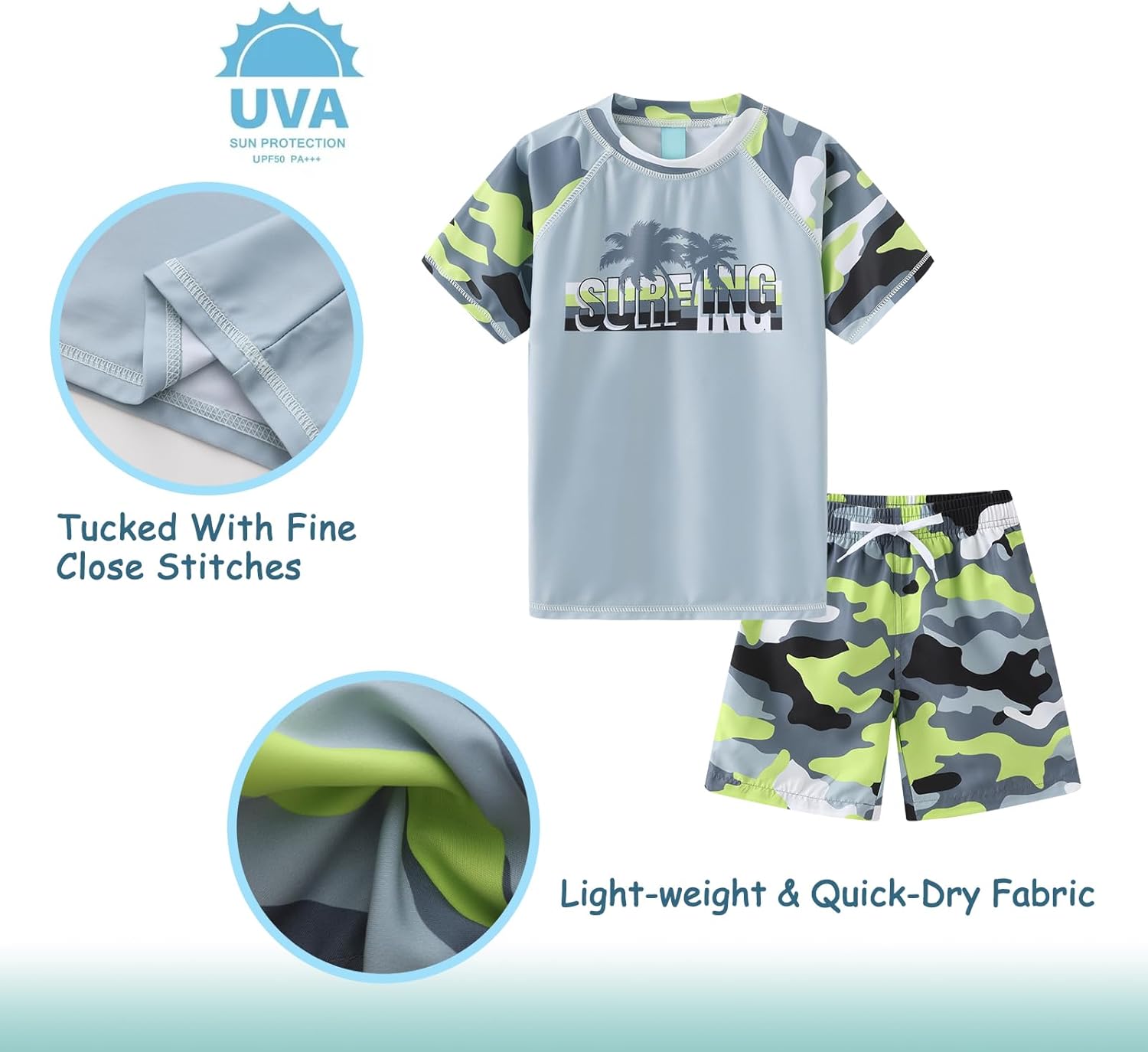 Boys Rash Guard Swimsuits Set for Boys 2 Piece Short Sleeve Swim Shirts Quick Dry Bathing Suits with Trunks