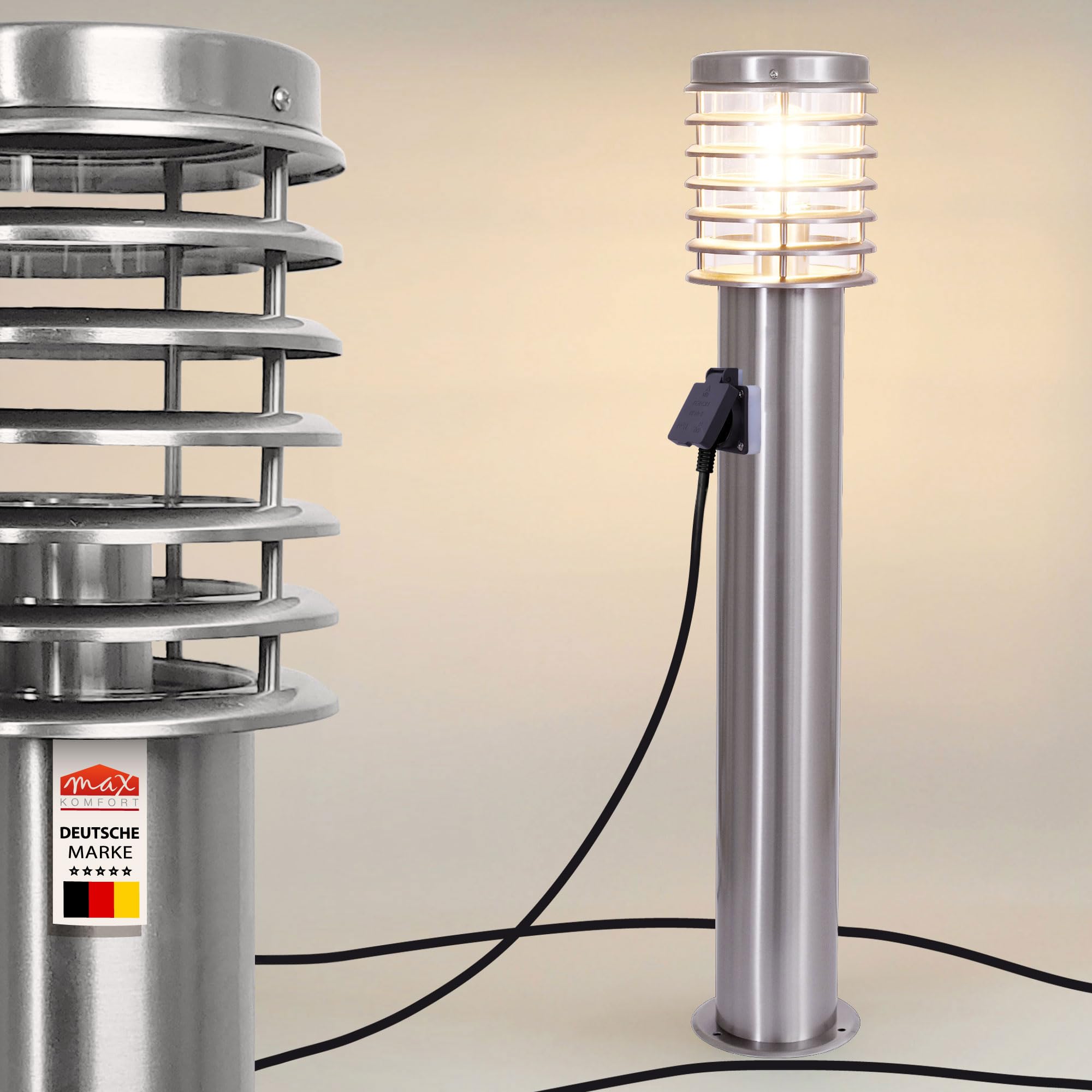 Maxkomfort Wegeleuchte mit Steckdose E27 80 cm Edelstahl Glas Gartenlampen für draußen strom IP44 Gartenlampe Wegbeleuchtung Gartenleuchte 252D-800SN-SD
