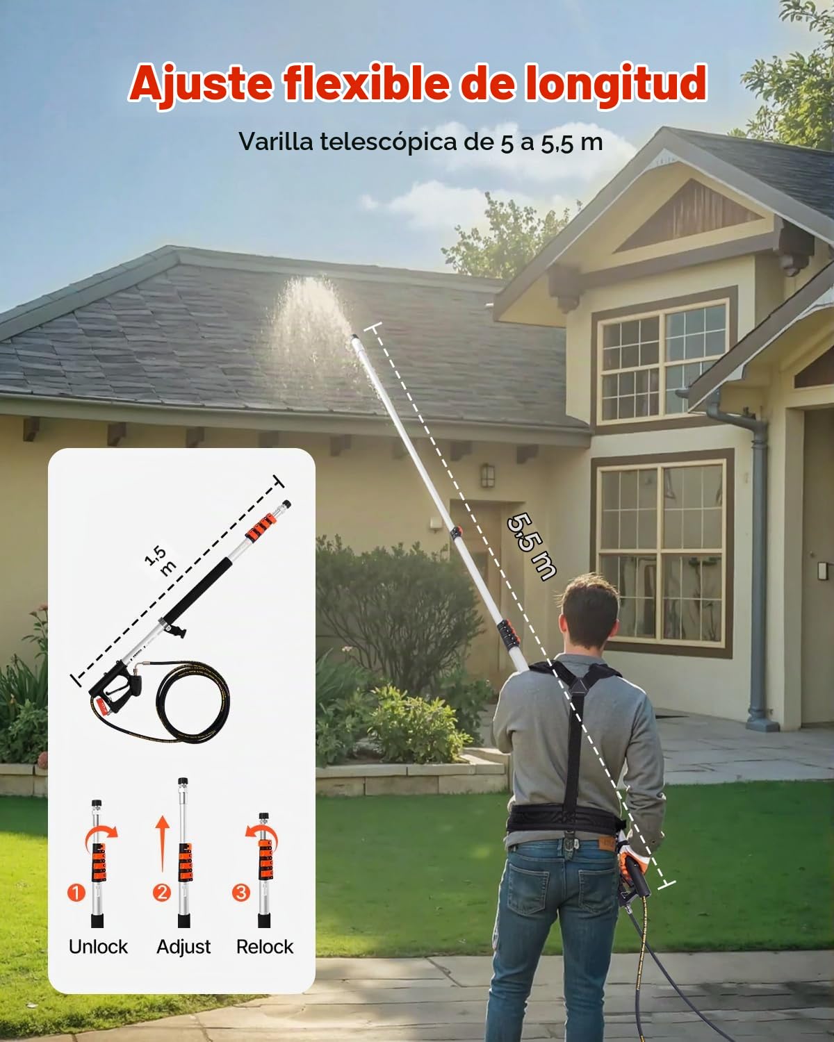 VEVOR Varilla Telescópica para Hidrolavadora, 4000 PSI, Limpiador de Canaletas, Cabezal de Cepillo, 5 Puntas de Boquilla Rociadora, Adaptador y Cinturón de Soporte Ajustable, 175 x 60 x 1393 mm