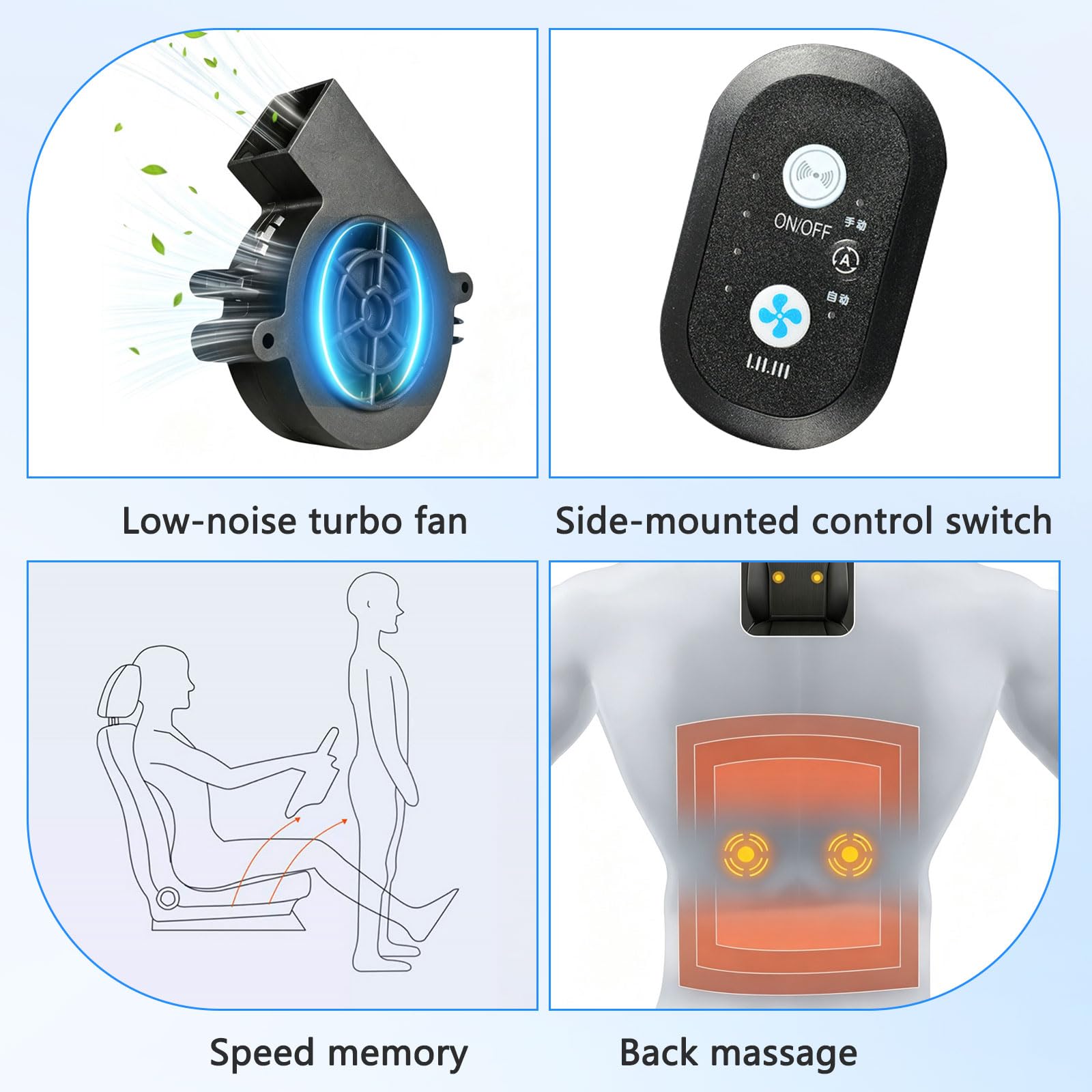 Coprisedili rinfrescanti per auto, 10 ventole, funzione di accensione e spegnimento automatico, memorizzazione dell'ultima regolazione, con massaggio alla schiena, tre livelli di vento