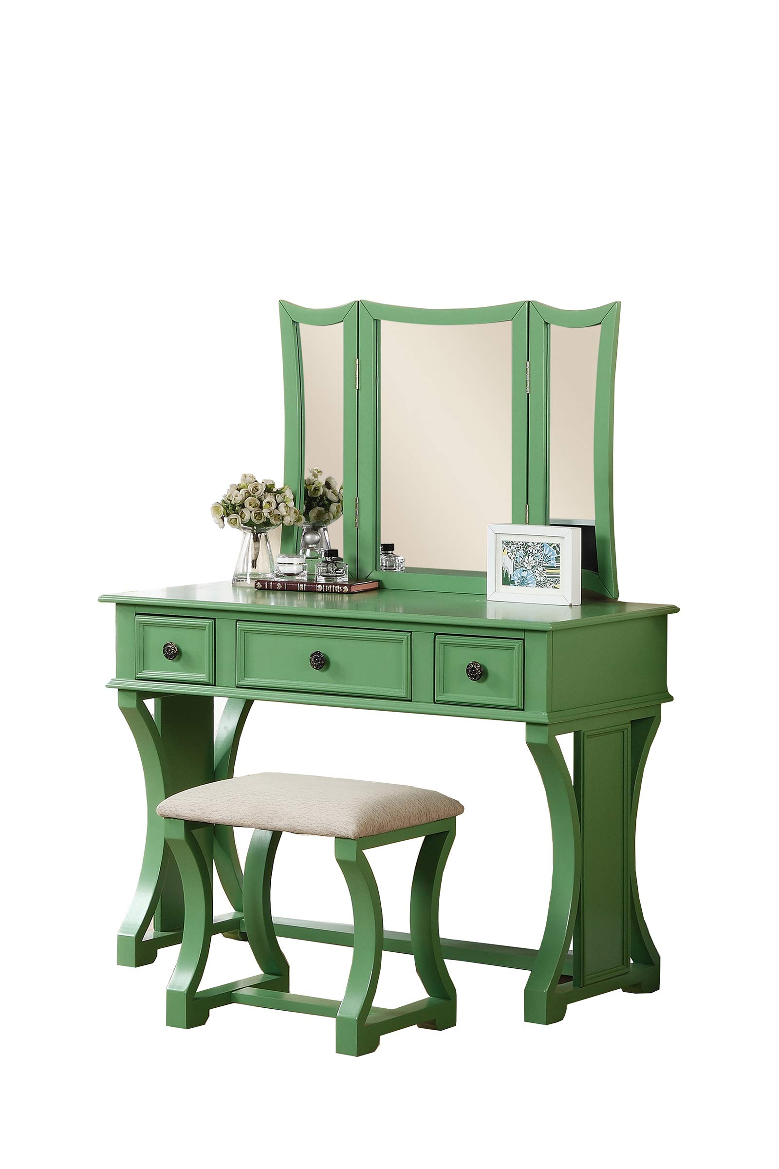 Poundex Bobkona Edna Vanity Set with Stool, Apple Green