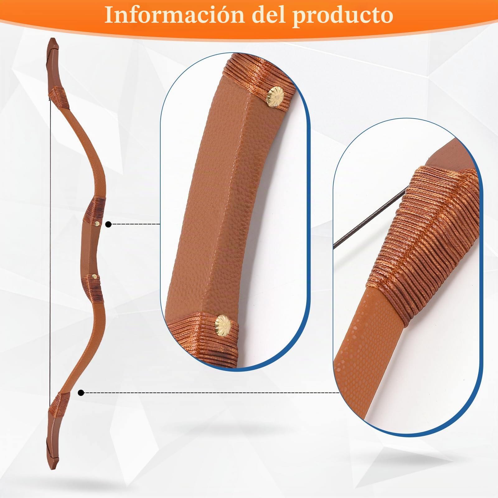 Basbon Juego de arco y flecha de madera juvenil, juego de tiro con arco de 40 pulgadas envuelto en cuero de microfibra, juguetes hechos a mano con arco y flecha, juegos de utilería, 5 flechas de