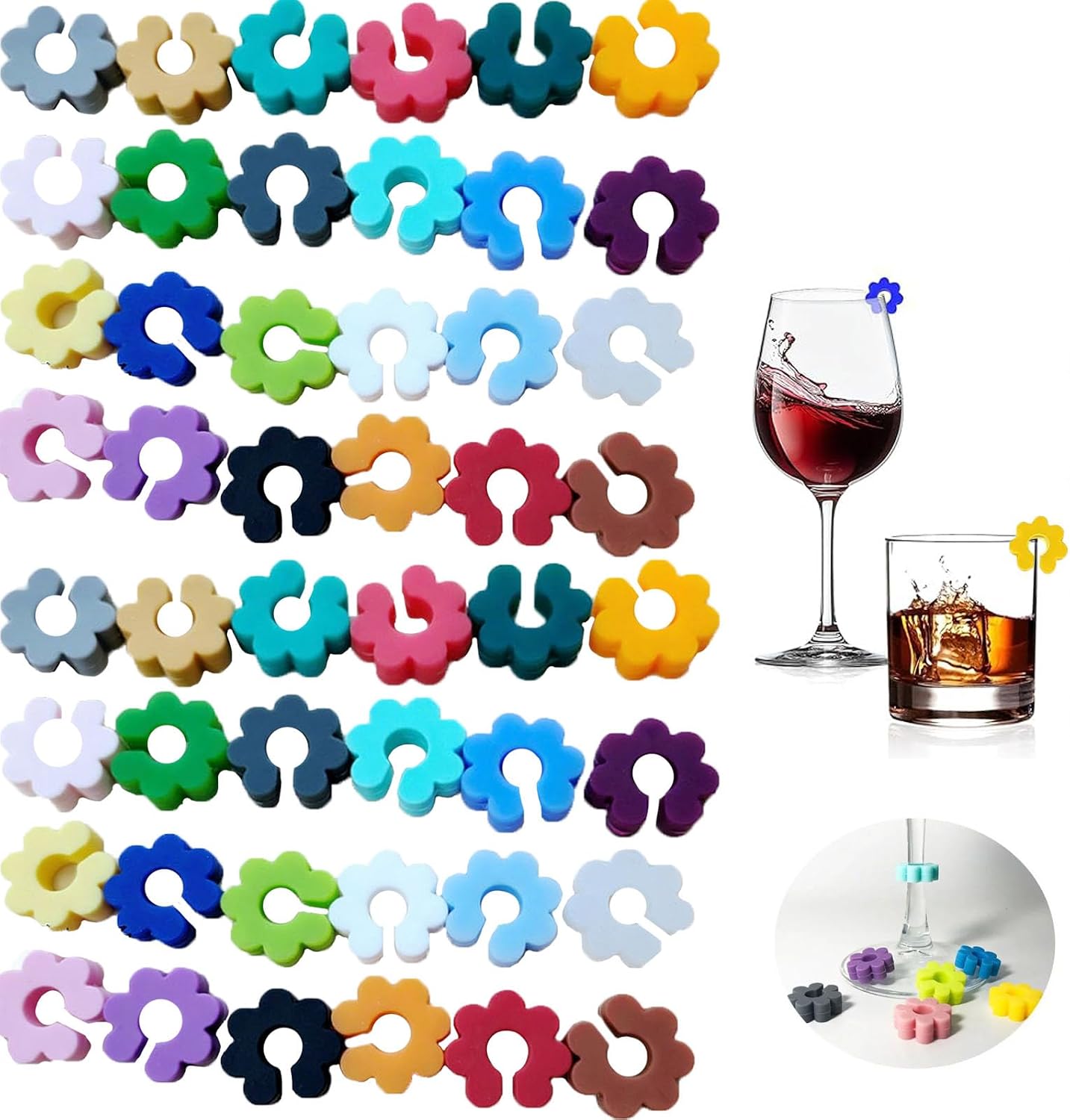 48 Pieces Silicone Glass Markers, Glass Marker, Wine Glass Marker, Flowers, Reusable, Various Cups, Decoration Supplies (24 Colors)