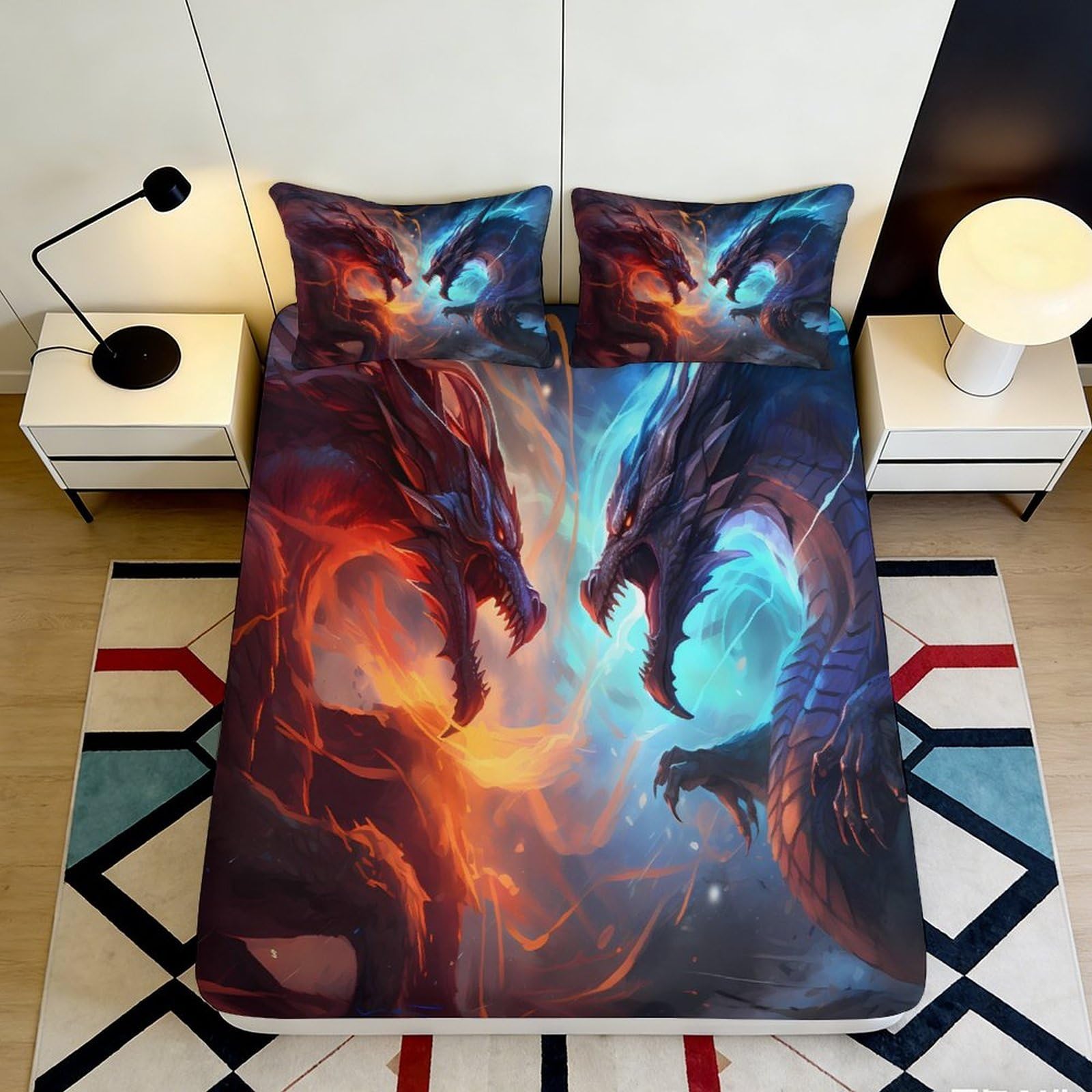 3D Printed Fire Dragon Fitted Sheet Microfiber Soft Breathable Ice Dragon Mattress Cover for Bedroom Dorm Decor 90x200x25cm