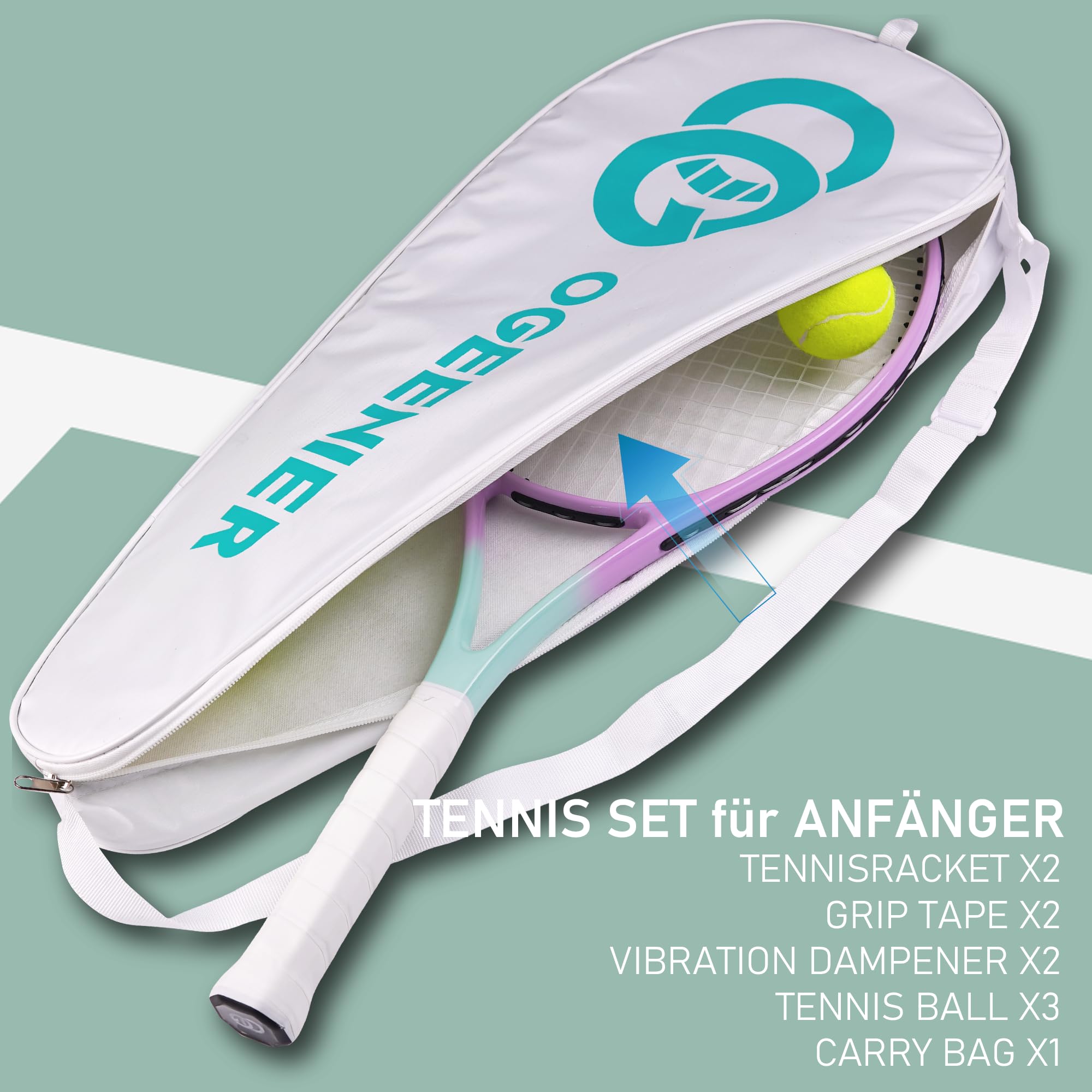OGEENIER 27 Zoll 2 Player Tennisschläger Racket Set für Erwachsene Tennisschläger Damen Herren, für Anfänger mit 2 Griffband und 3 Bällen und 2 Tennis-Vibrationsdämpfer 1 Tennis Tasche