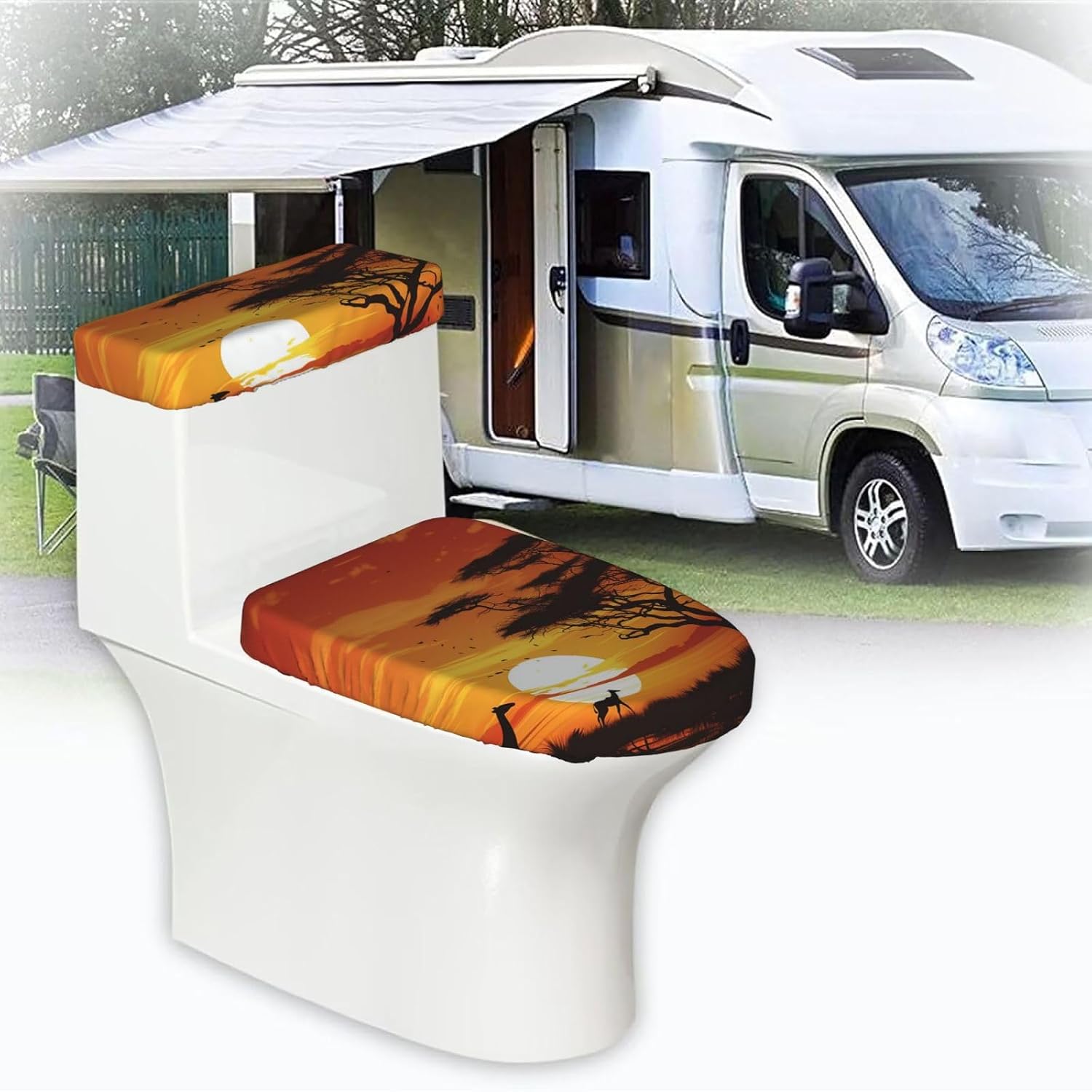 Funny African Sunset Toilet Tank Cover And Toilet Lid Cover Set Stretch Bathroom Toilet Lid Seat Cover