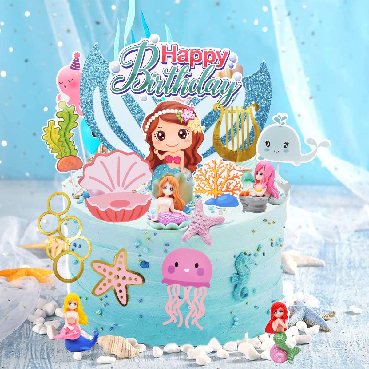 Decorazioni Torta Sirena 32 Pezzi - Toppers Glitterati Per Torte Baby Shower E Compleanni A Tema Oceano - Foto 6