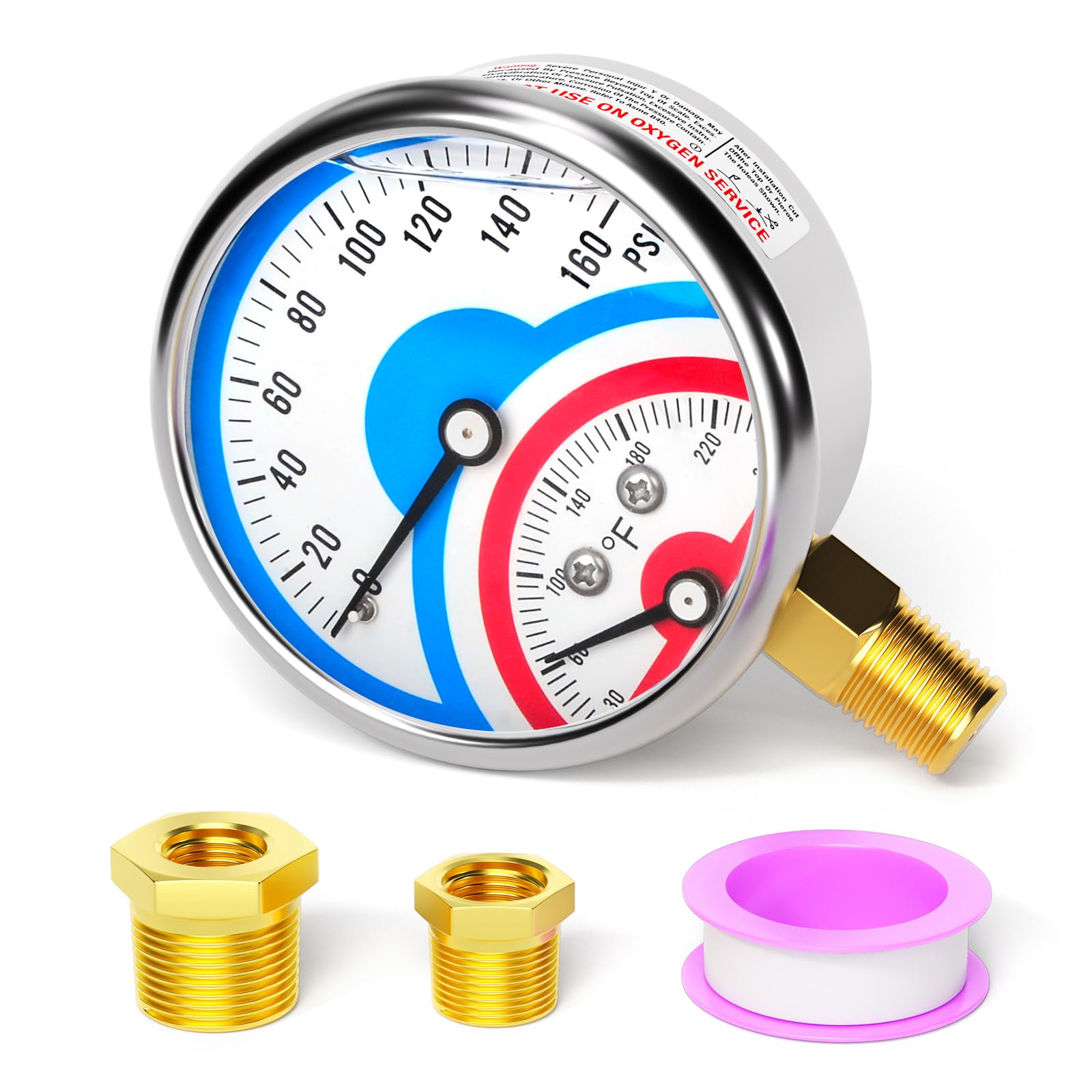 MEANLIN MEASURE 0-160Psi Stainless Steel Thermal Pressure Gauge 30-250℉ 1/4" NPT 2.5" FACE DIAL Liquid Filled Pressure Gauge, with 1/2" NPT and 3/8" NPT Hex Bushing, Lower Mount