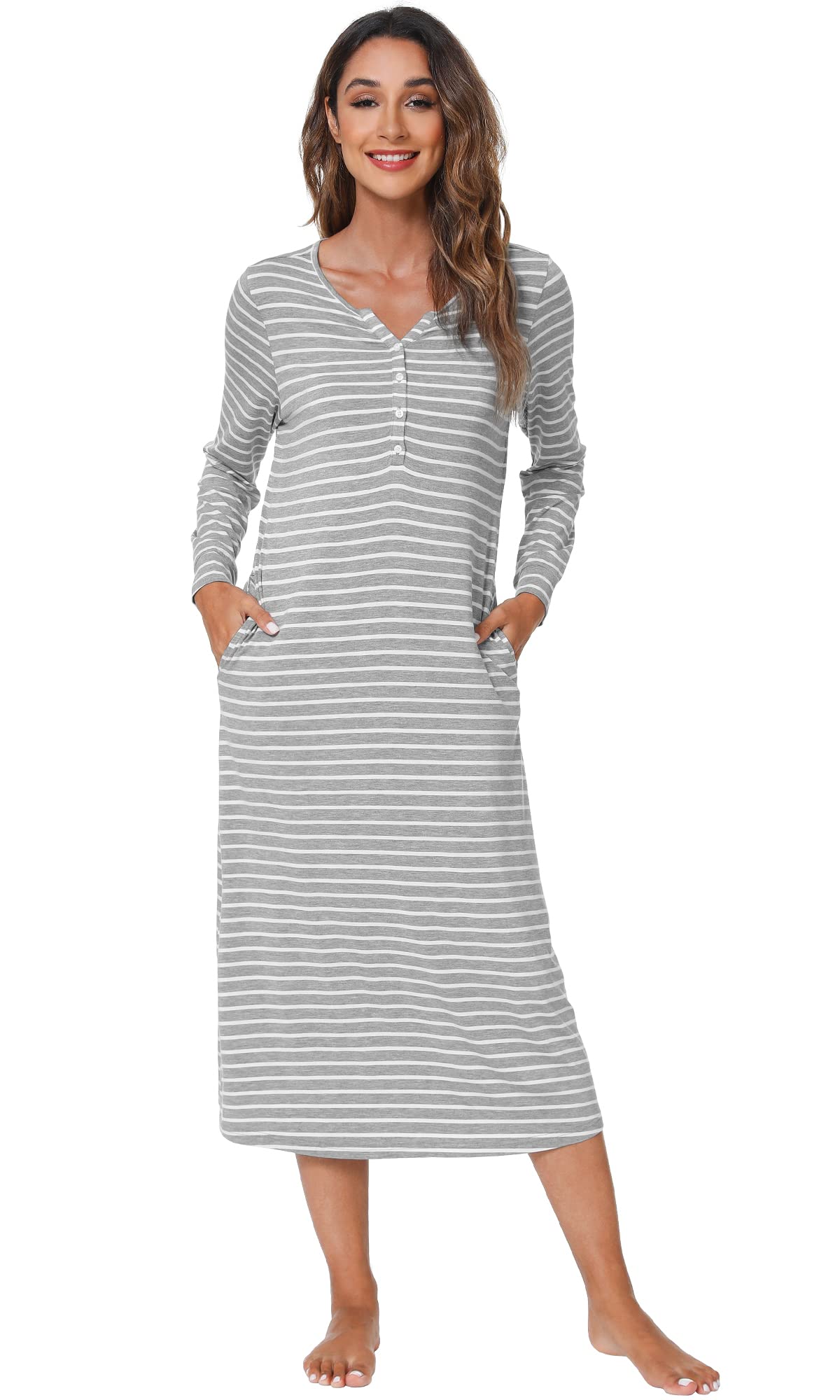 WiWi Nightgowns for Women Super Soft Sleepwear Long Sleeve V Neck Nightshirts Viscose from Bamboo Cooling Nightdress S-XXL