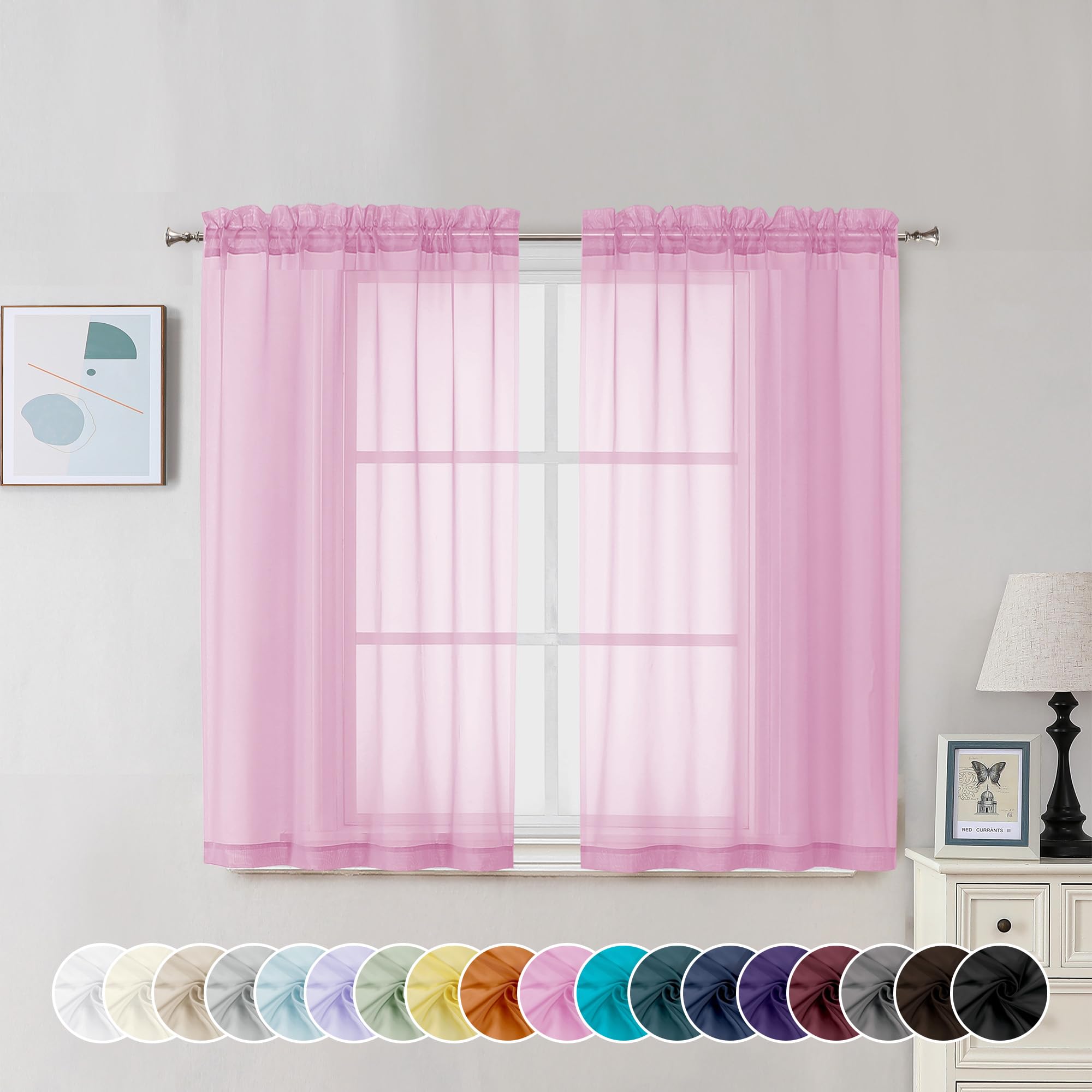 Chyhomenyc Pink Sheer Curtains 45 Inch Long 2 Panels, Light Filtering Rod Pocket Voile Short Curtains Drapes for Bedroom Small Windows, 42Wx45L Inches