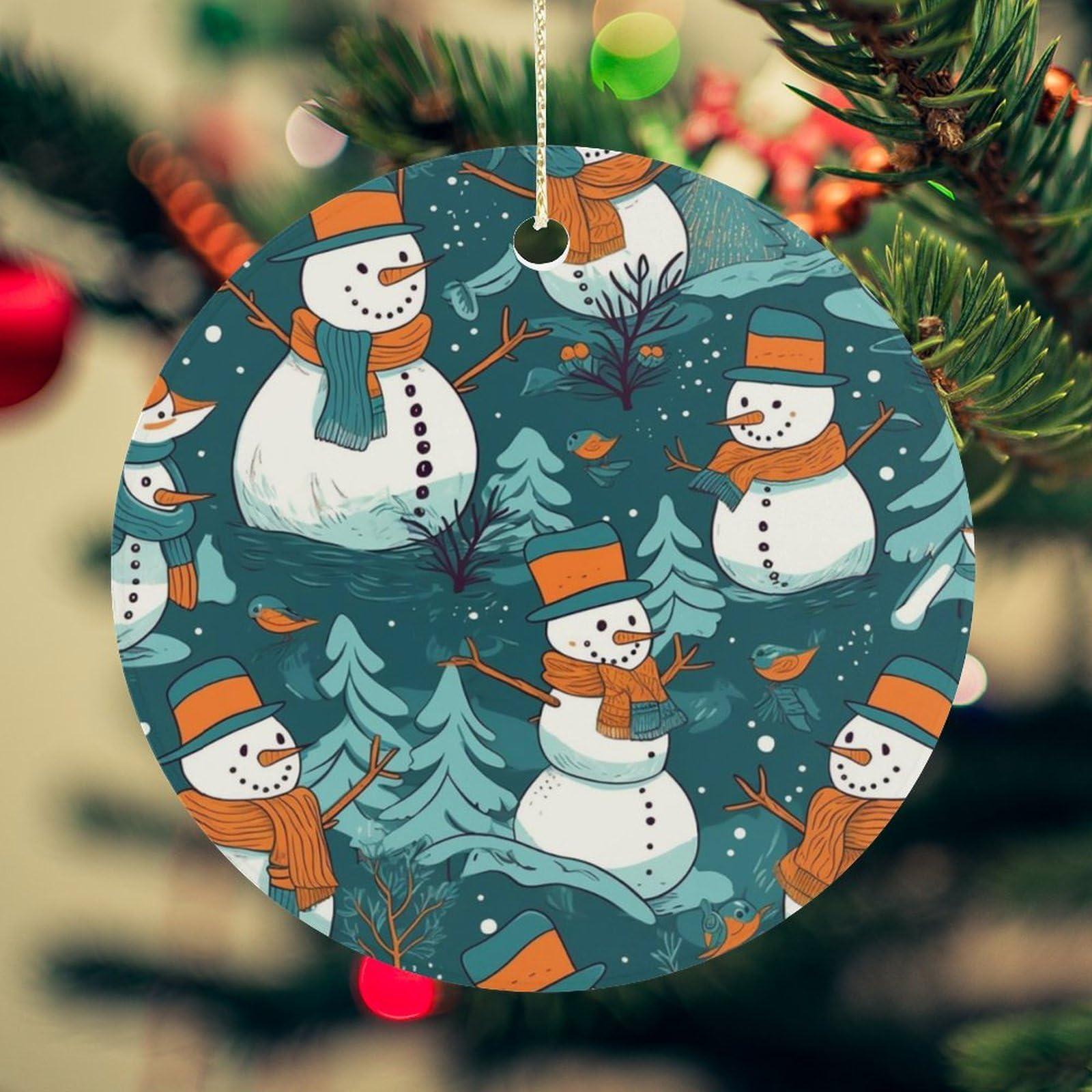 Snowman Pattern Christmas Ornament for Christmas Tree Ceramic Round Ornament Winter Holiday Keepsake Gift 2.7" Christmas Tree Hanging Decorations Circle Ceramic Pendant Xmas Gift