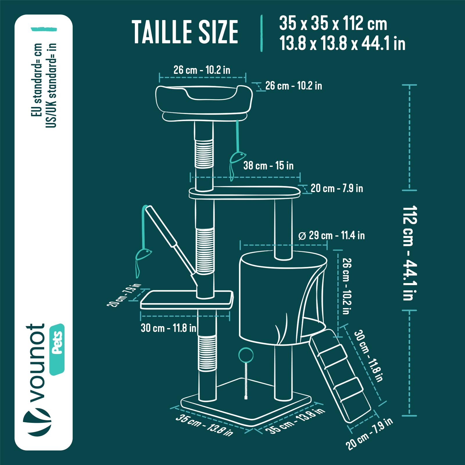 VOUNOT® Tiragraffi per Gatti Alto 112 cm, Albero per Gatti Multilivello, Centro Attività per Gatto con Pali Tiragraffi in Sisal, Cuccia, Piattaforme e Grotta, Grigio