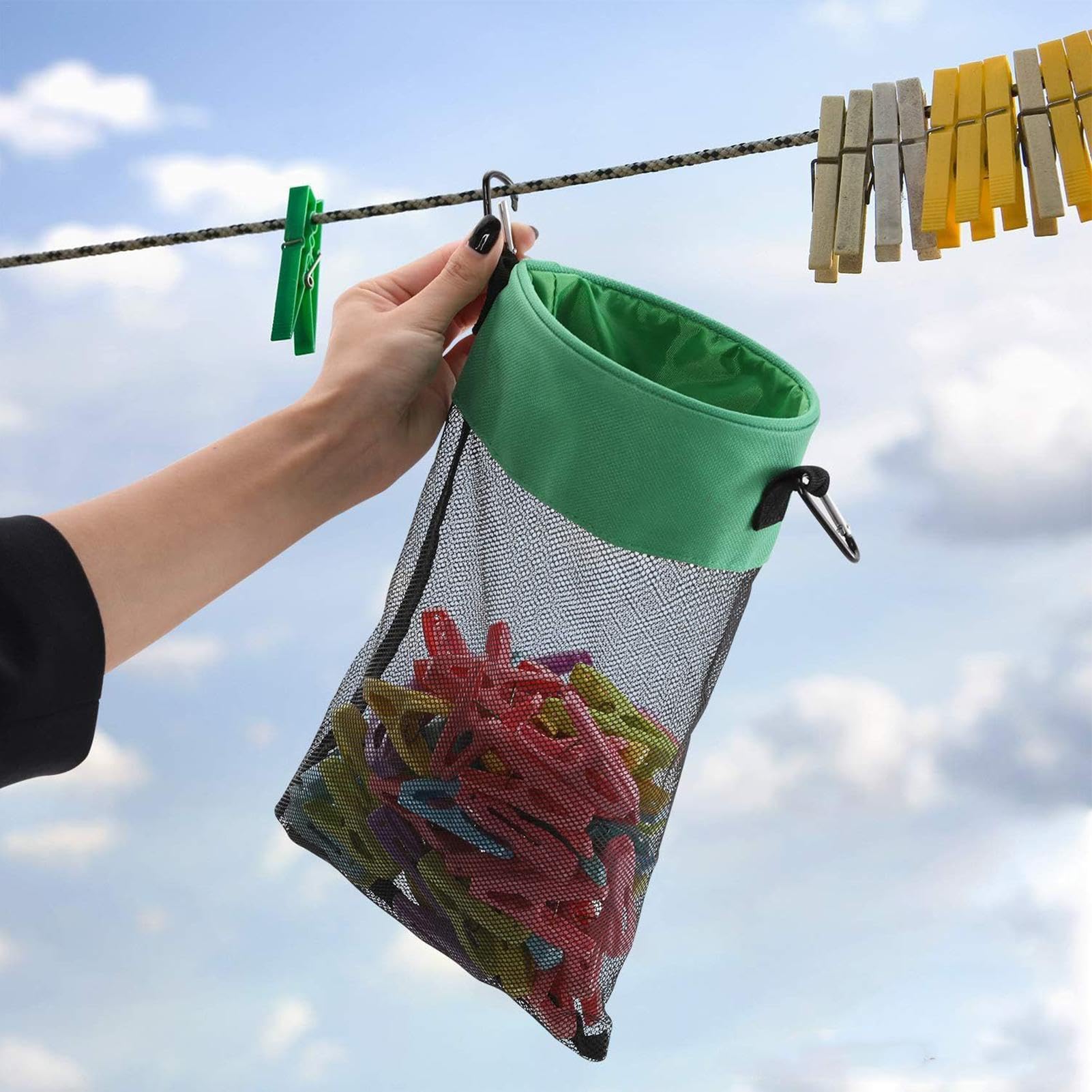 Bolsa para pinzas, porta pinzas, funda para pinza de malla con ganchos, porta pinzas para la ropa con cierre de cordón, perchero para bolsa para pinzas de armario