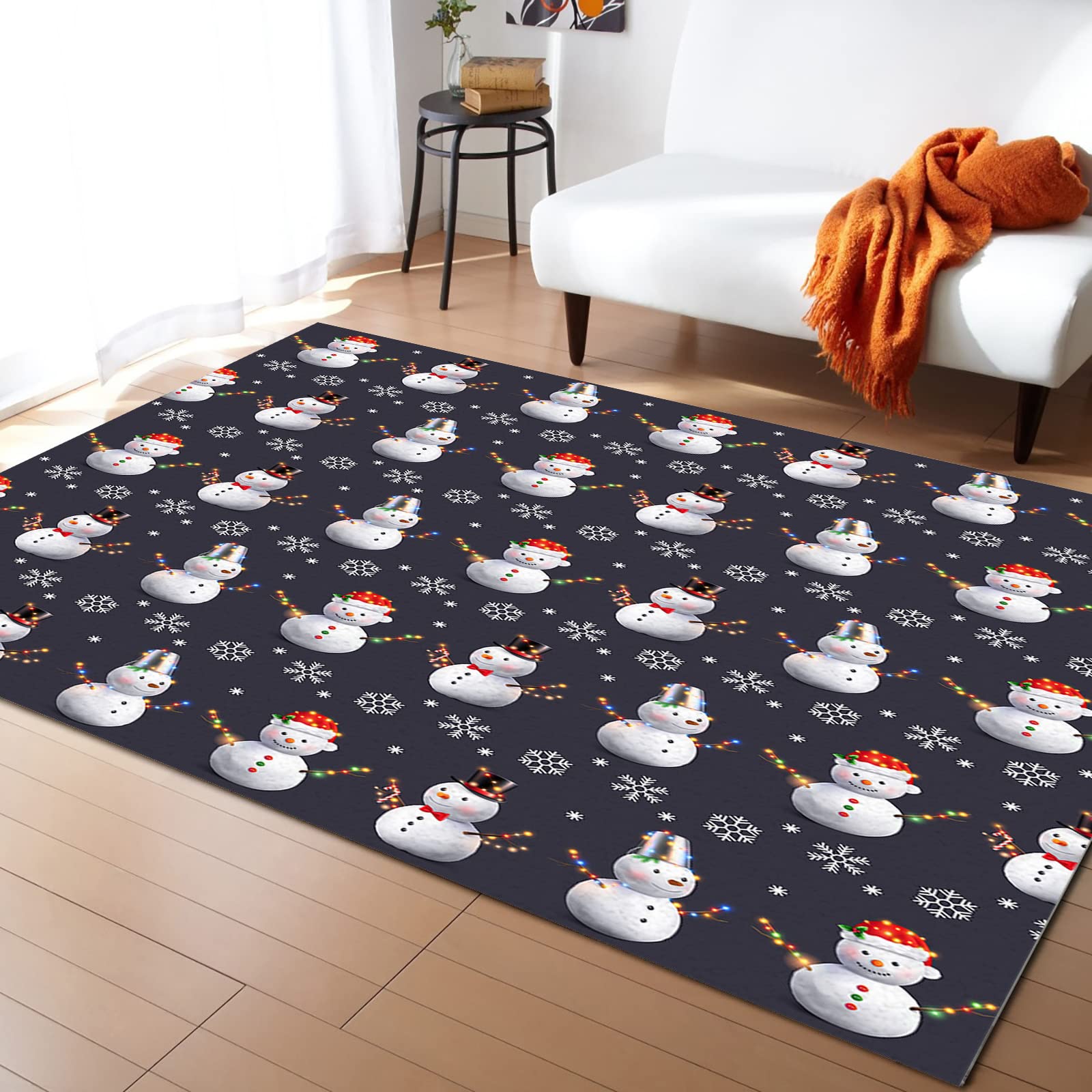 Area Rugs Non-Slip Accent Rug, 32×60in Cute Sante Snowman Snowflakes Seamless Fluffy Living Room Floor Carpets, Fuzzy Soft Indoor Throw Mats for Bedroom Nursery Sofa Decor Christmas Grey
