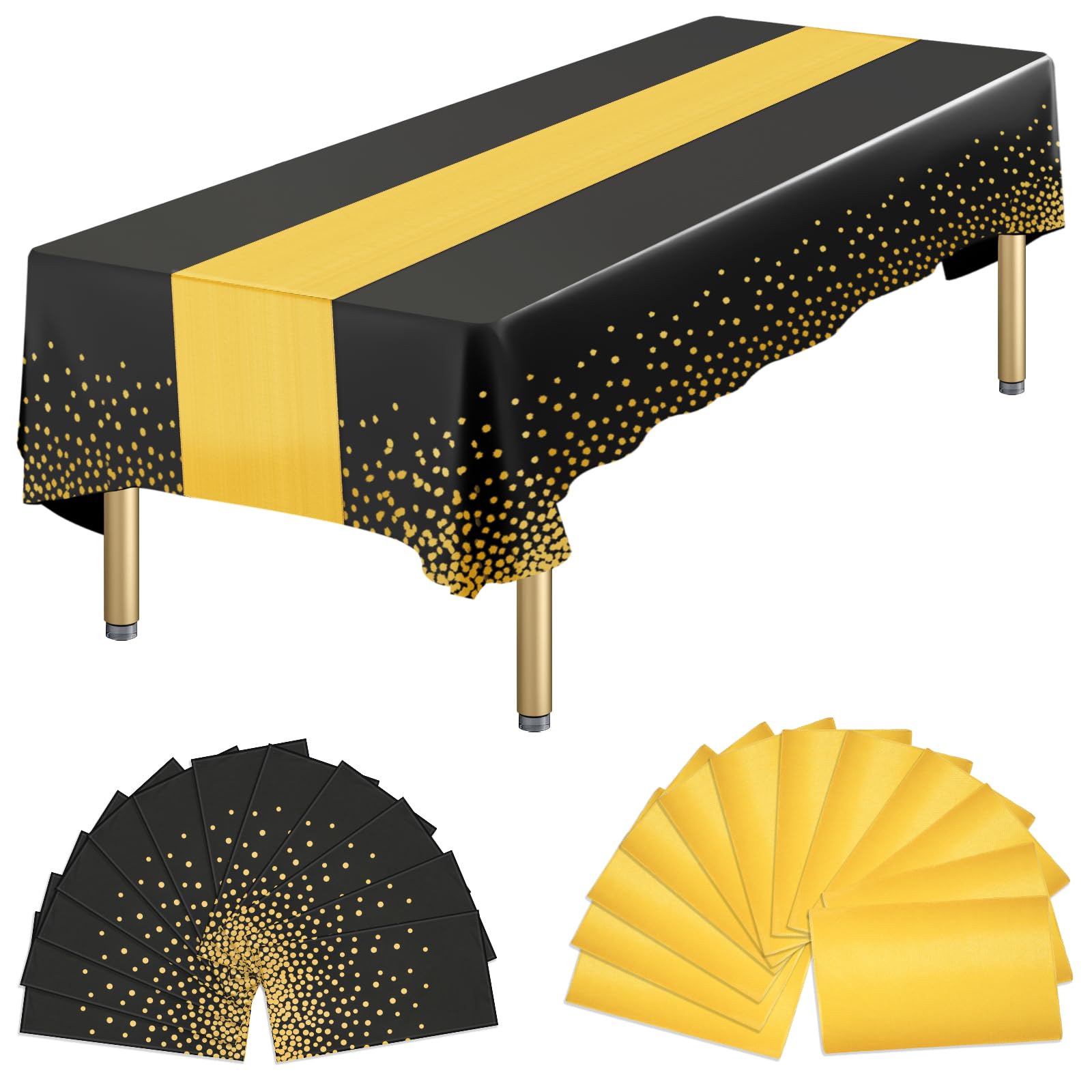 Paquete de 24 manteles rectangulares de plástico, desechables y de satén, color negro y dorado, para cumpleaños, aniversario, jubilación, decoración de fiesta de Navidad