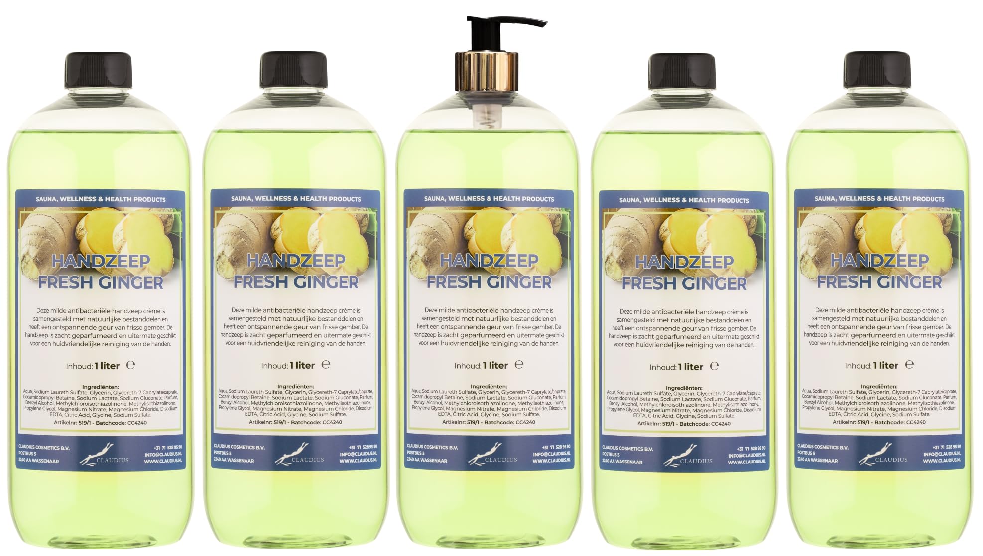 Handseife Fresh Ginger 5 x 1 Liter mit Goldpumpe (transparent)