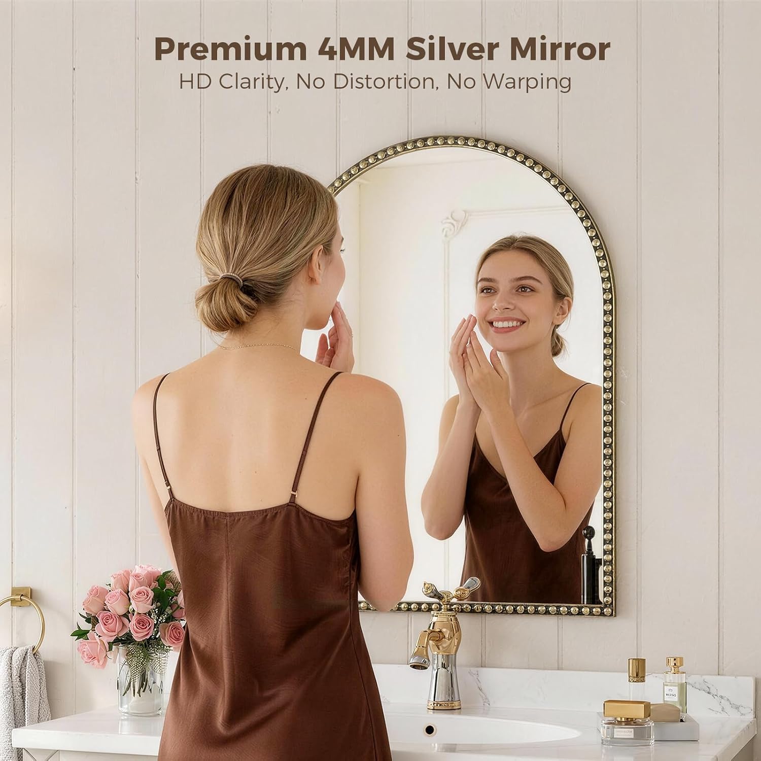 Champagne Bronze Arched Mirror 30"x40", Champagne Bronze Mirror for Bathroom, Entryway, Bedroom, Fireplace, Over Sink, Vintage Gold Arch Mirror with Metal Beaded Frame