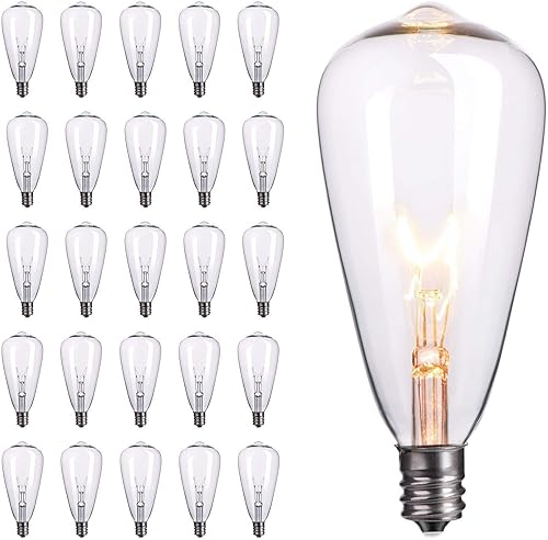 Paquete de 25 bombillas Edison de repuesto, 7 W, base de candelabro E12 ST40, bombillas de vidrio transparente de repuesto para patio al aire libre,