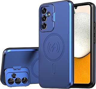 جراب خلفي مغناطيسي مقاوم للصدمات مع حامل حماية للكاميرا من البولي يوريثين الحراري الهجين كربونات متوافق سامسونج جالاكسي A34 ازرق