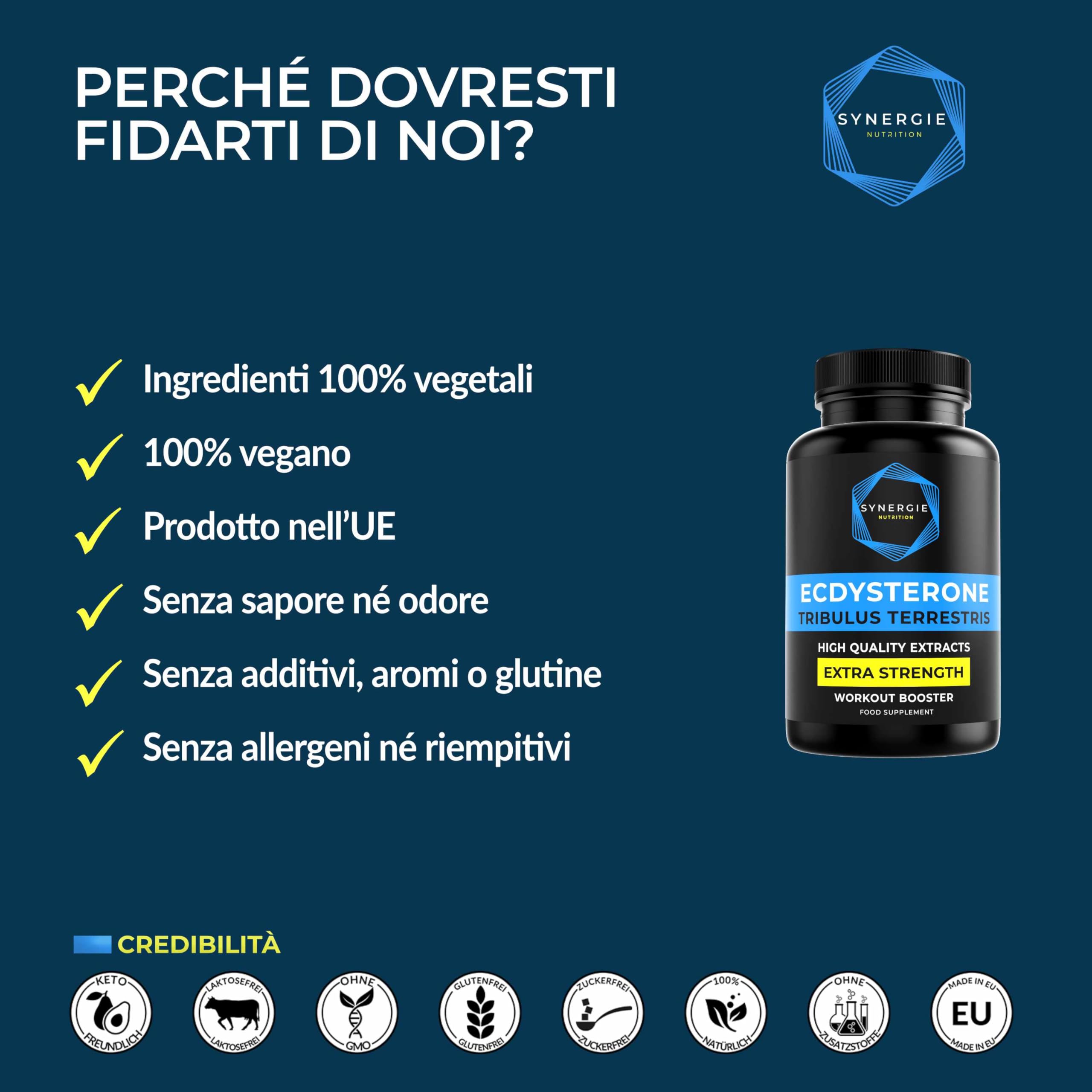 Ecdisterone - Tribulus Terrestris - Integratore alimentare di Synergie Nutrition con estratto di Tribulus 90% saponine (400 mg) e Leuzea Carthamoides 20:1 (400 mg) - 60 dosi