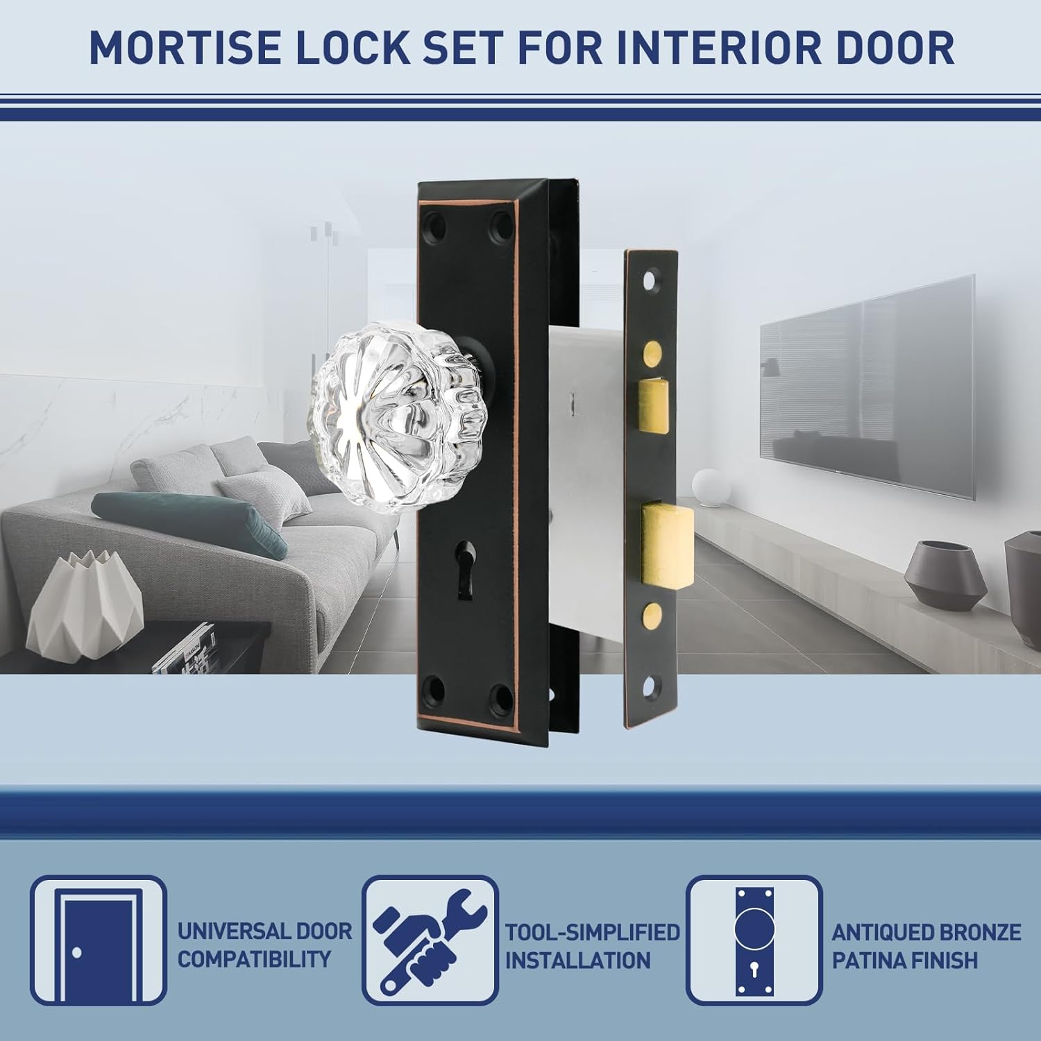 Mortise Lock Set for Interior Door - Antique Brass Vintage Door Knob with Skeleton Key & Crystal Glass Handle, Replacement Hardware Fits 1-3 to 1-3/4 in Doors (Crystal Ball, Black)