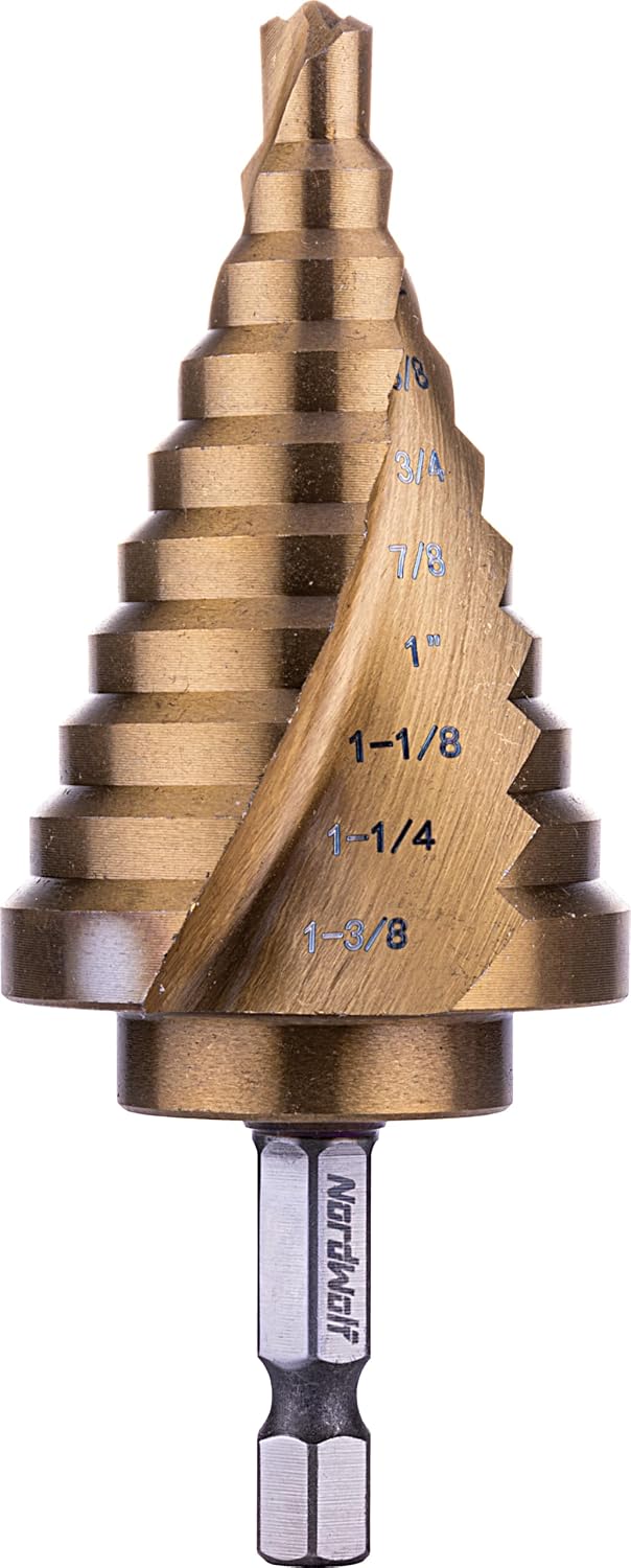 HSS Titanium Step Drill Bit, Spiral Groove Double Flute Unibit with 1/4" Hex Shank for Sheet Metal, 10 SAE Step Sizes 1/4" to 1-3/8"