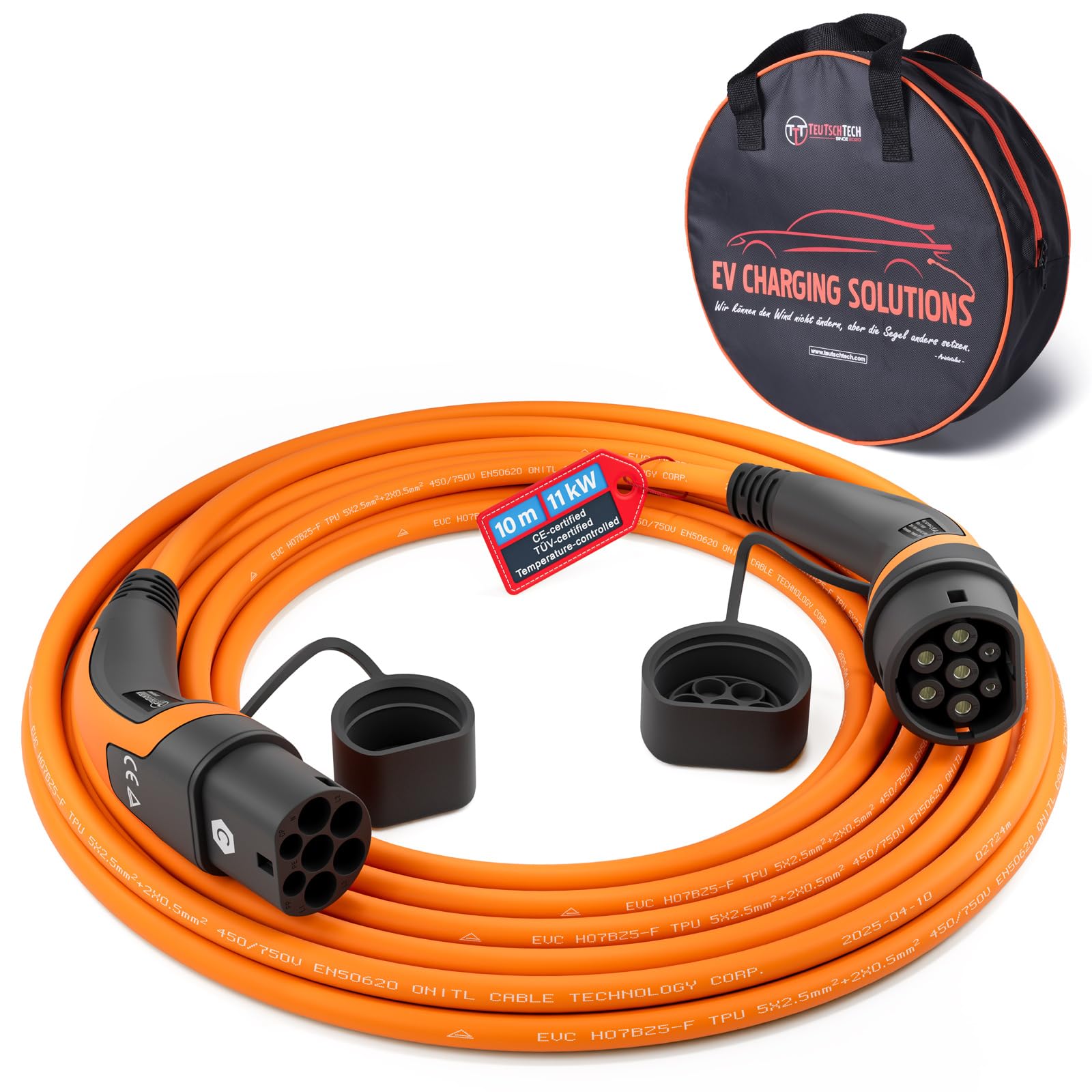 TEUTSCHTECH, Cavo di Ricarica EV Arancione I 10M I TYP2 - TYP2 I 11kW I 3X16A I trifase I Ultima Versione, con monitoraggio della Temperatura di Carica