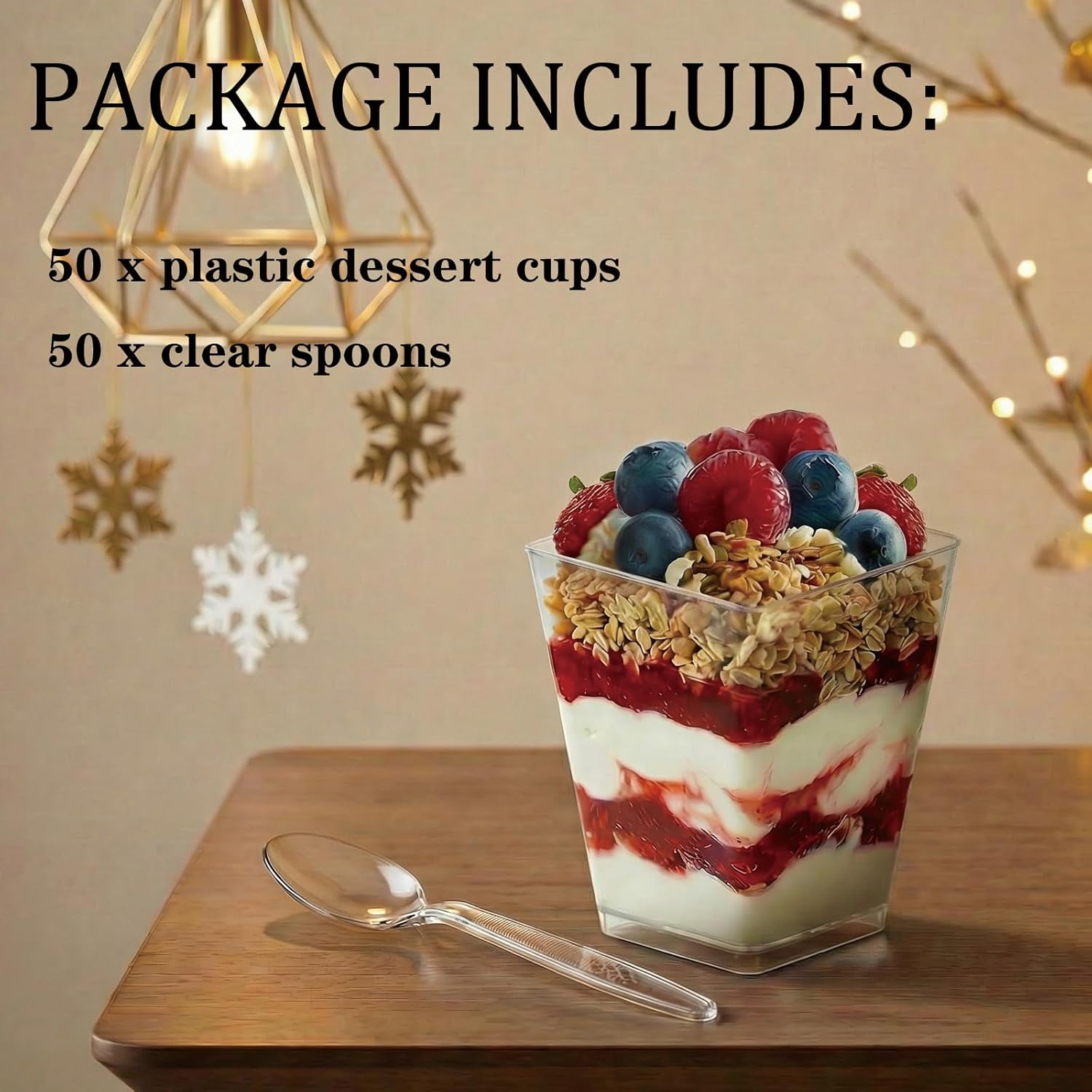 50Pack 5oz Square Plastic Dessert Cups with Spoons, Reusable Clear Parfait Appetizer Cups, Mini Party Trifle Shooter Serving Cups, Dessert Shot Glasses for Tasting - Image 5