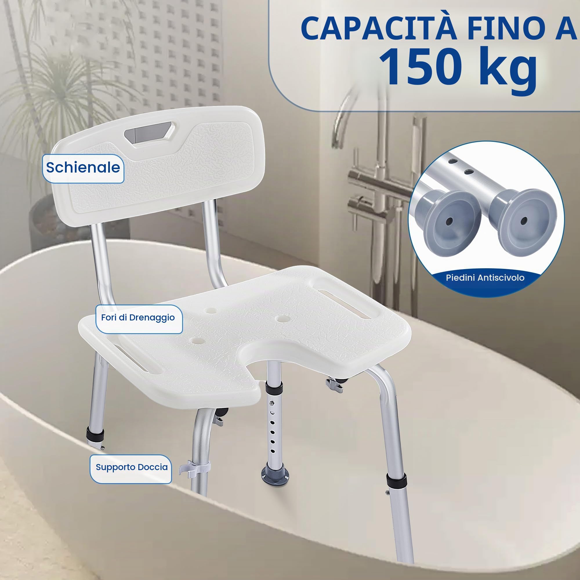 Sedia per Doccia con Schienale Rimovibile Altezza Regolabile, Sgabello Doccia Forma a U Antiscivolo per Anziani Disabili Sedile Sgabello da Bagno in Alluminio portata fino a 150 kg