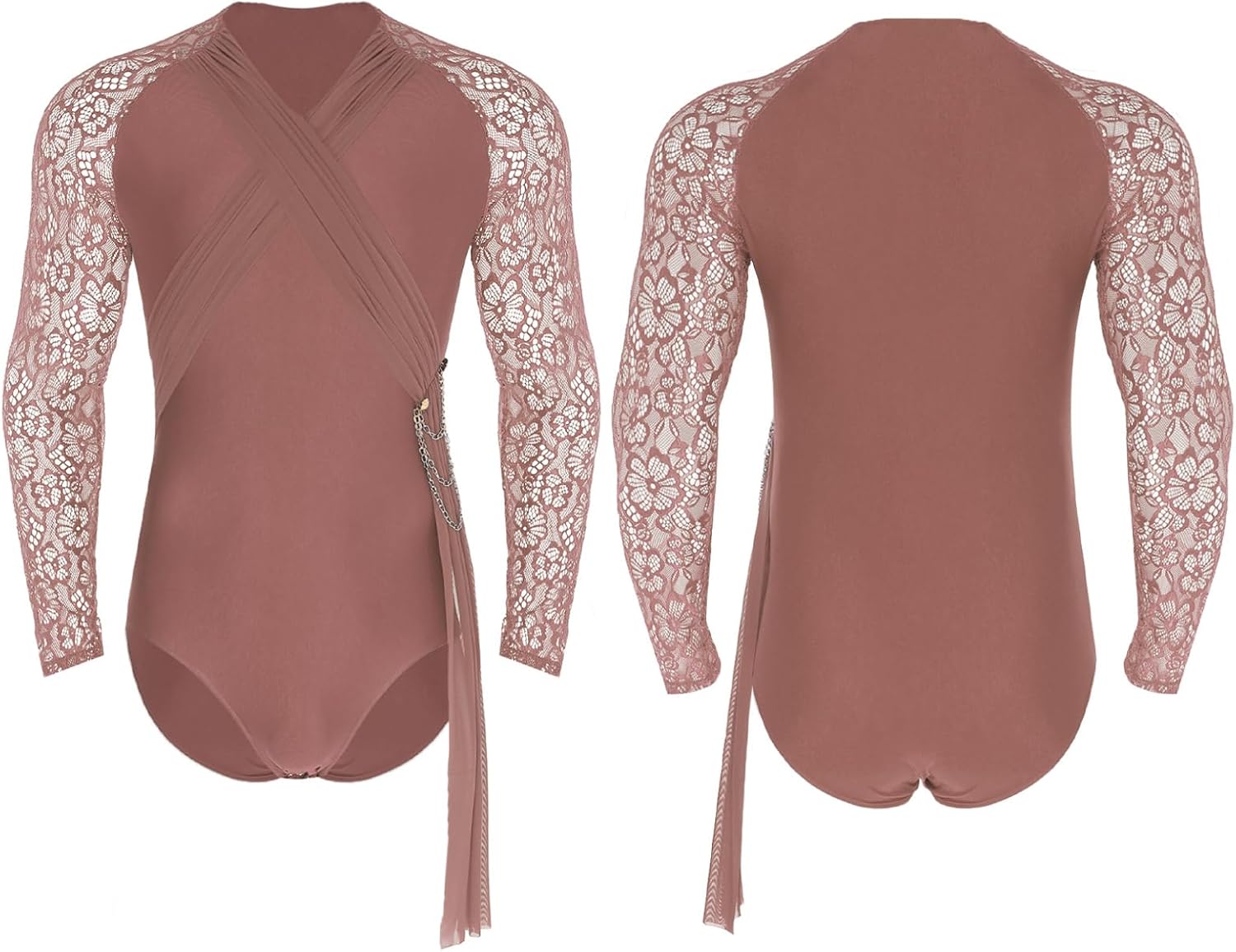 Hularka Men's Shiny Rhinestone Latin Dance Leotard Floral Lace Long Sleeve Leotard Jumpsuit Ballroom Dance Bodysuit