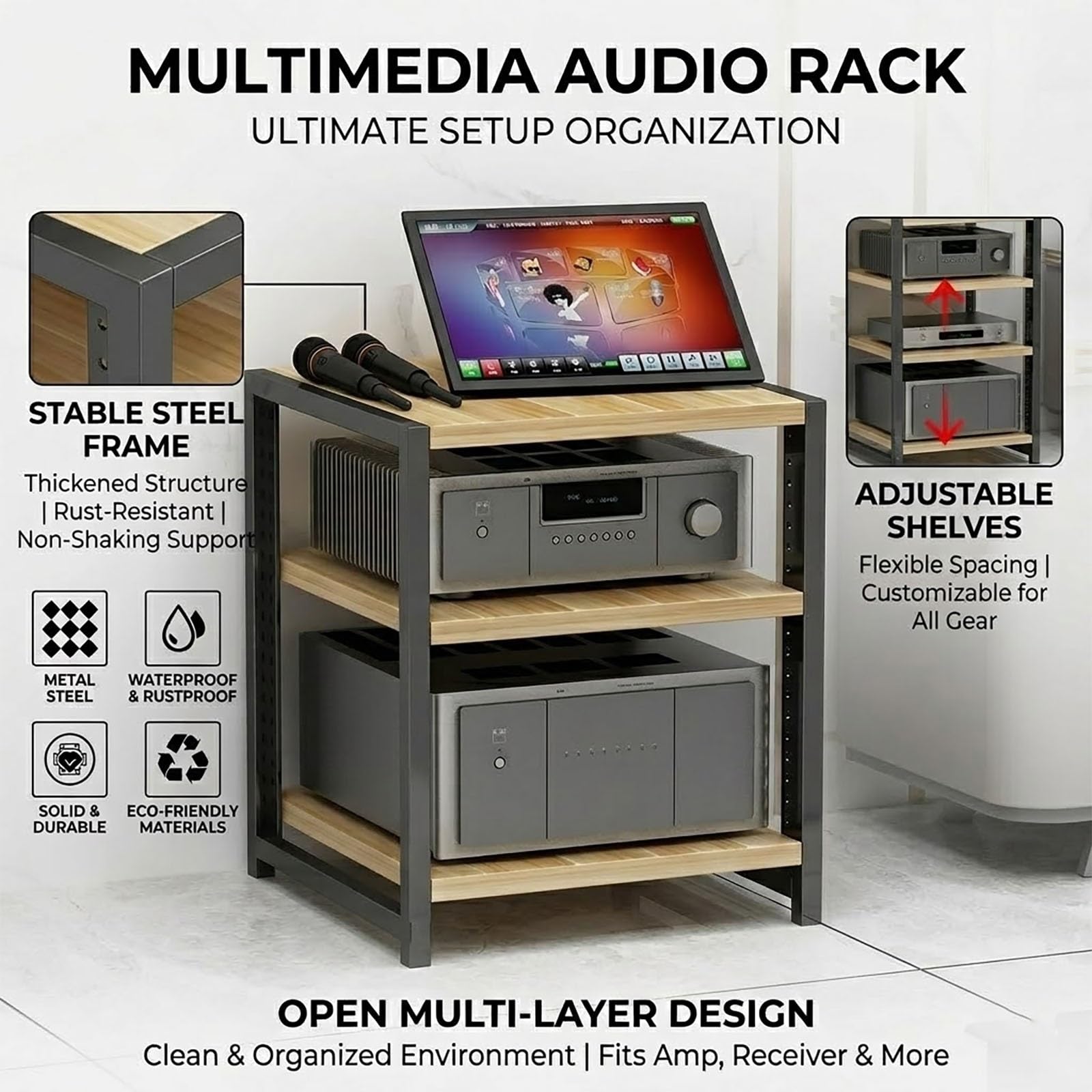 Supporto Rack Audio per Mobile Stereo e conservazione Supporti, Supporto Stereo modulare da 3 a 6 Ripiani per Home Theater, Ufficio e Soggiorno(Brown,19.6x15.7x23.6in)