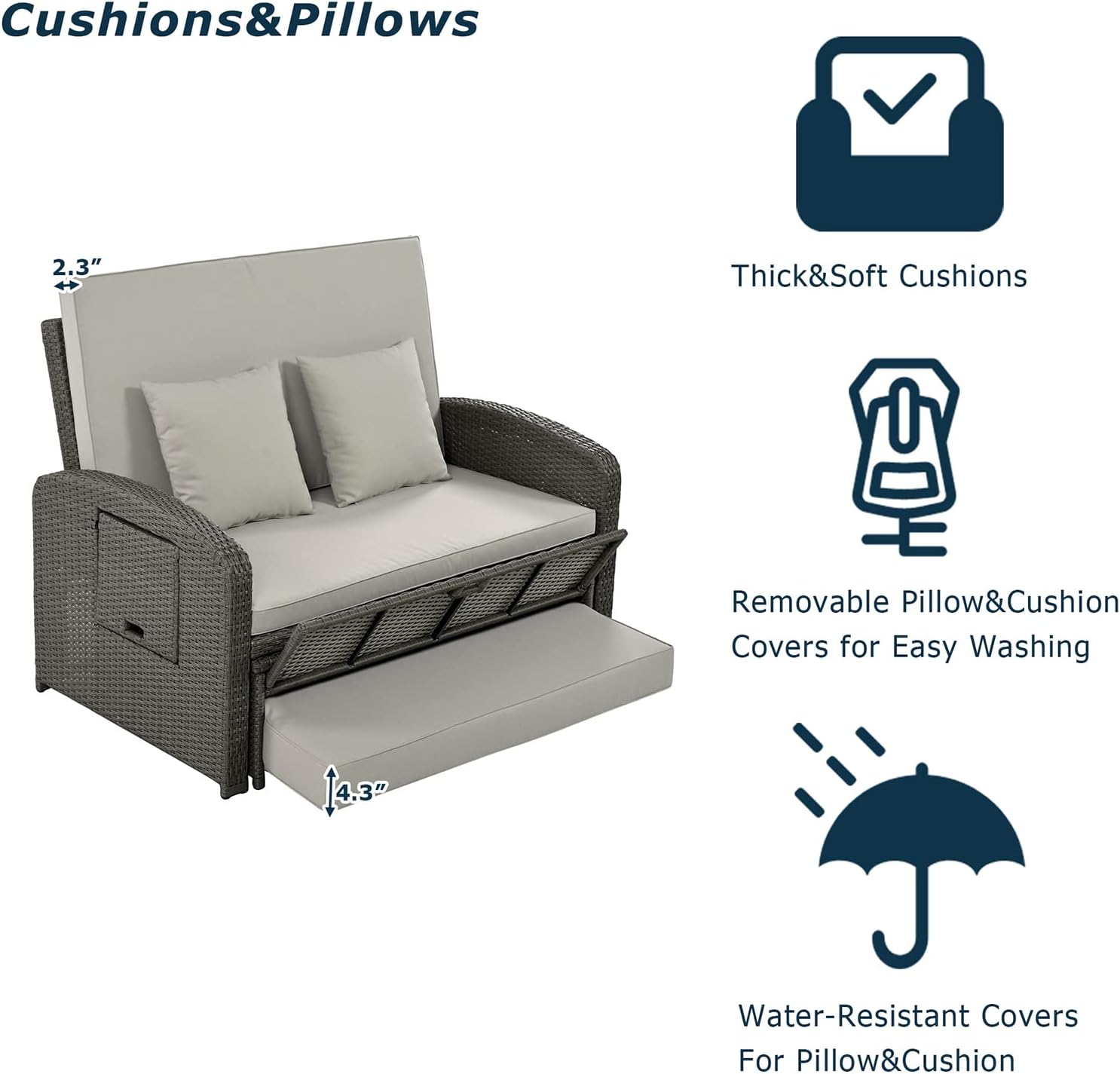 Lounge Chairs for Outside, Outdoor Double Chaise Lounge Chair for 2 Persons, Patio PE Wicker Rattan Daybed Recliner Chair Sunbed with Cushion and Ottoman for Lawn Beach Pool Side Sunbathing, Grey