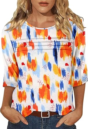 KISSMODA Women's Casual 3/4 Sleeve T-Shirts Round Neck Cute Tunic Tops Basic/Pleated Summer Tops Trendy Spring Blouses