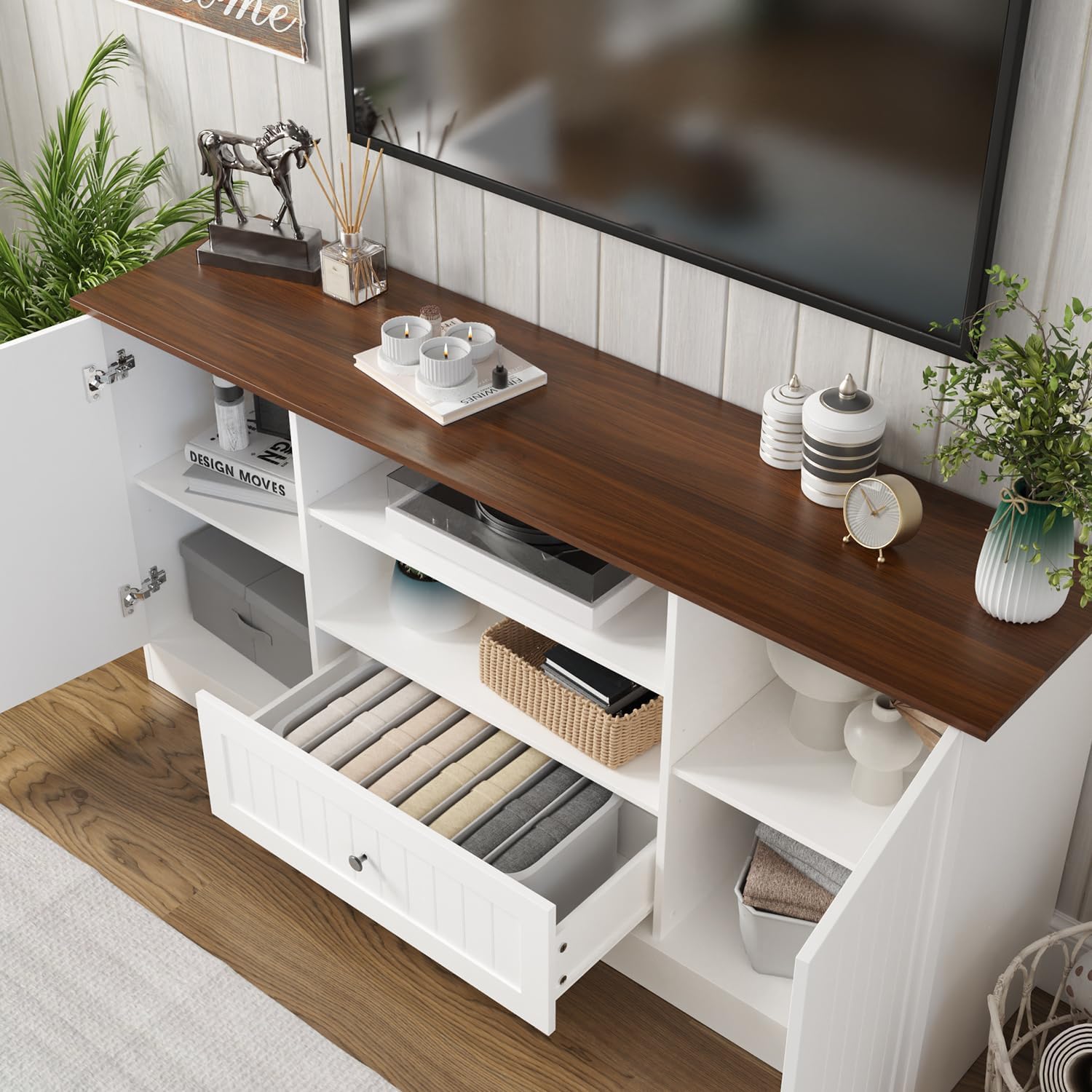 63 in Farmhouse TV Stand for TVs up to 70 Inch, Modern Entertainment Center with Storage Drawer and Open Shelves, Shaker Door TV Console Media Cabinet for Living Room, Bedroom, White - Image 4