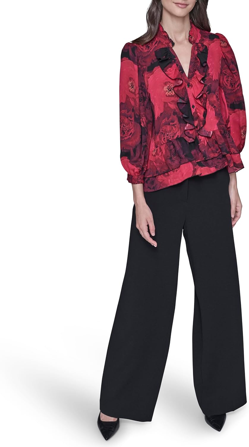Karl Lagerfeld Womens Long Sleeve V-Neck Floral Printed Blouse - Image 2