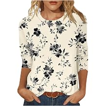 3/4 Length Sleeve Womens Tops Round Neck Cute Tunic Vintage Boho Floral Print T Shirt Loose Basic Tees Blouses