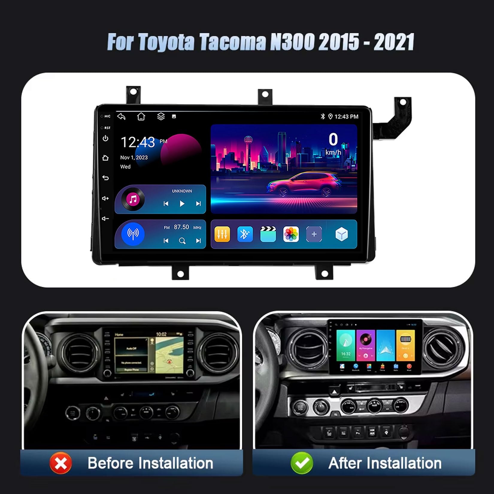 HIBIYA Radio samochodowe z systemem Android 14 do Toyota Tacoma N300 2015-2021 9-calowy ekran dotykowy z GPS USB WiFi retro kamera RDS Mic obsługa Carplay DSP sterowanie kierownicą (Y1 8Core 4 + 32G)