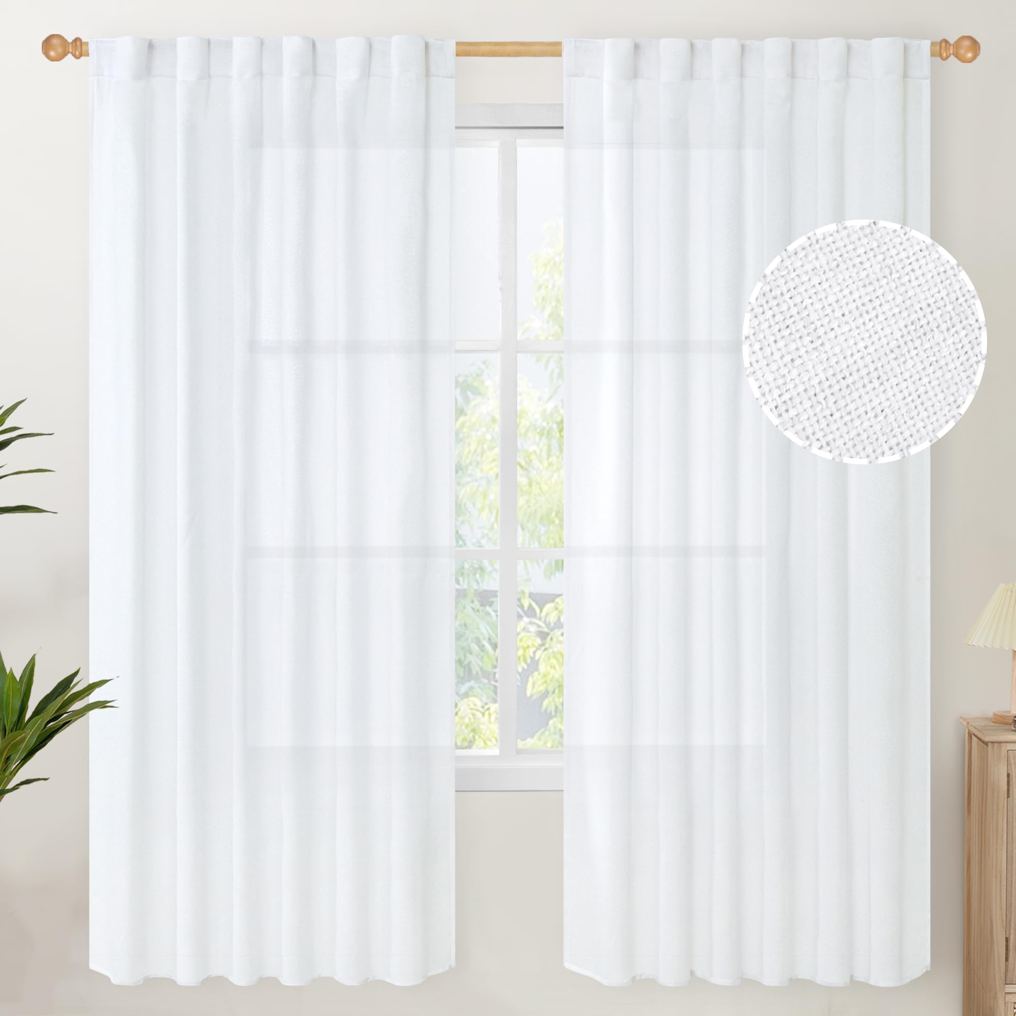 YoungsTex 72 Inch Length White Linen Curtains for Living Room 2 Panels, Rod Pocket Back Tab Semi Sheer Drapes for Light Filtering Window Treatments