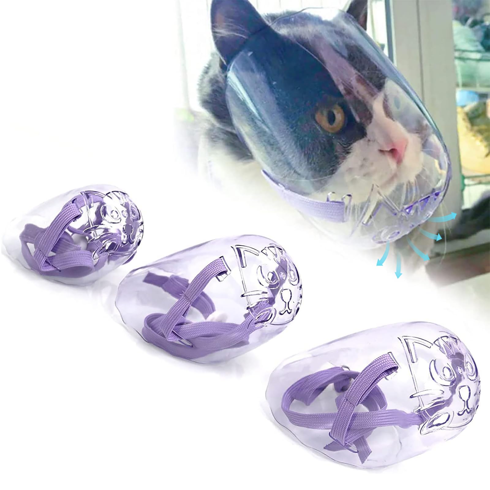 Tylulikaty 3PCS Cat Muzzle Set Transparent Muzzle Breathable Cat Hood from Biting Chewing Grooming Restraint for All Cats and Pointed Mouth Dogs (