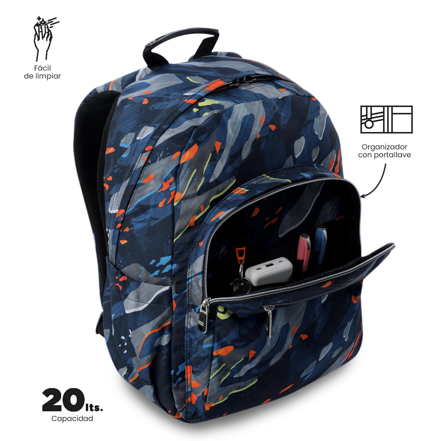TOTTO - Mochila Escolar Adaptable a Carro, Modelo Acuareles Glitter, Capacidad 20L, Bolsillo para Pc 14", 2 Bolsillo Botella, Espaldar Ergonómico con Flujo de Aire, Correas en S, Estampado Groove Azul