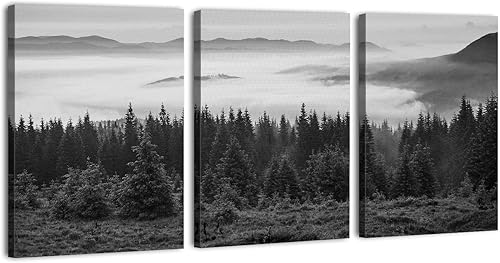 Lienzo de montaña ahumada en blanco y negro, arte de pared, imágenes de bosque, decoración de pared, árboles brumosos, paisaje, pinturas