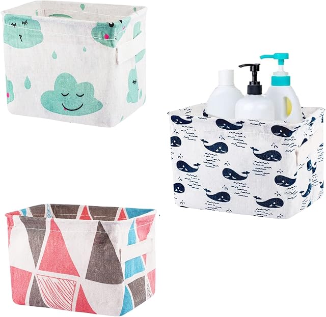 3 Packs Fabric Storage Box Small, Square Foldable Fabric Boxes with Handle Waterproof Bathroom Storage Baskets for Desktop and Shelves
